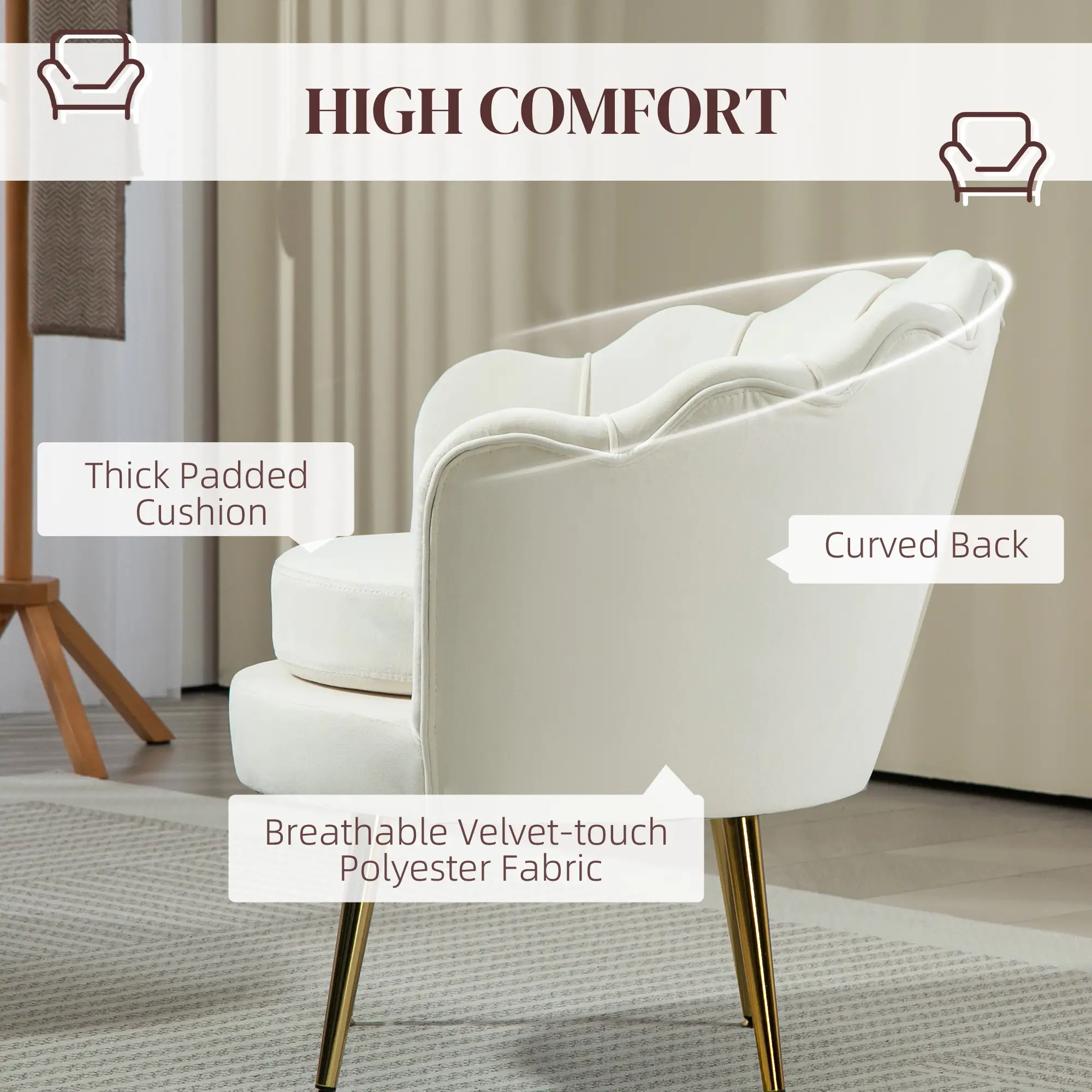 Modern Velvet Accent Chair, Gold Metal Legs, Cream White - Image 5