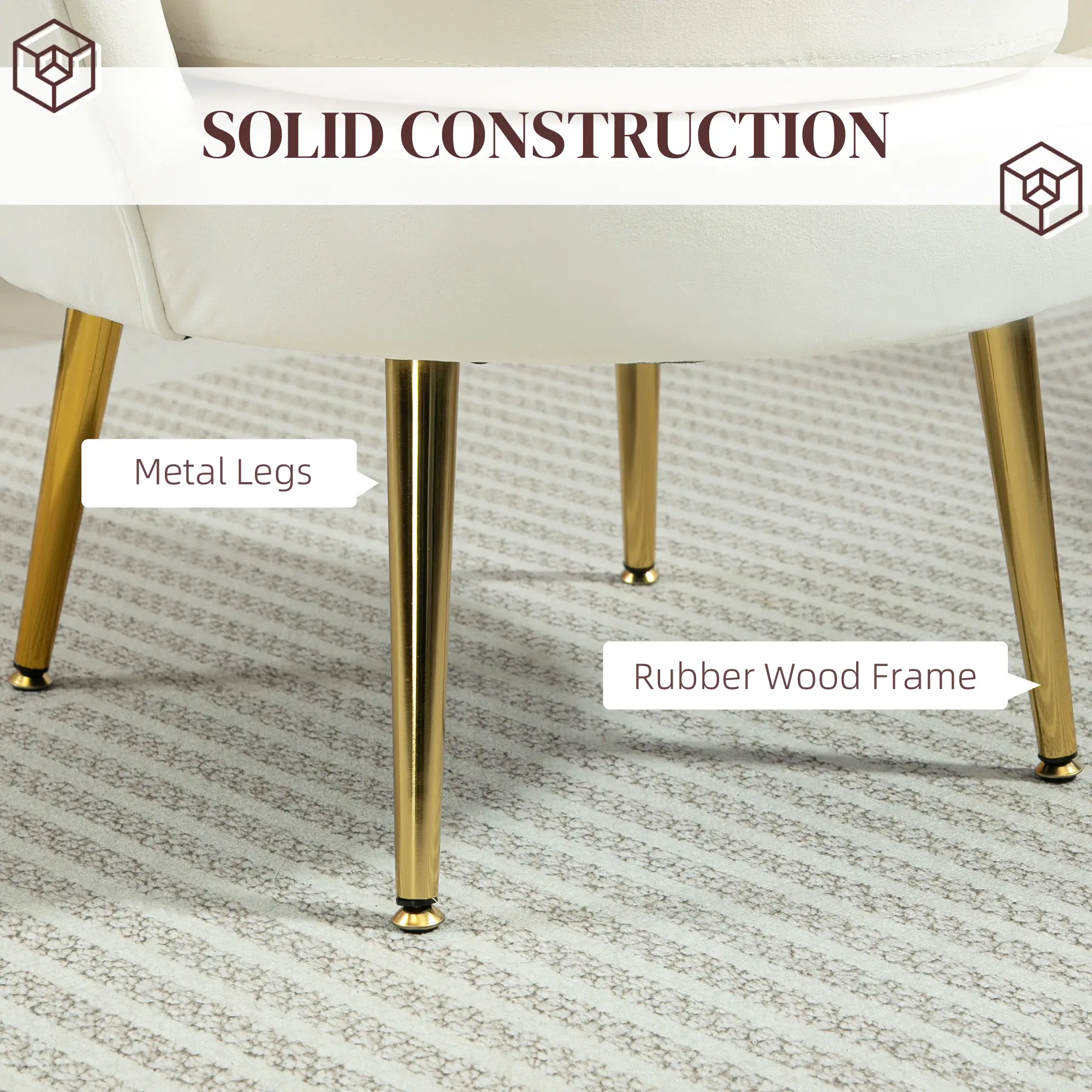 Modern Velvet Accent Chair, Gold Metal Legs, Cream White - Image 6
