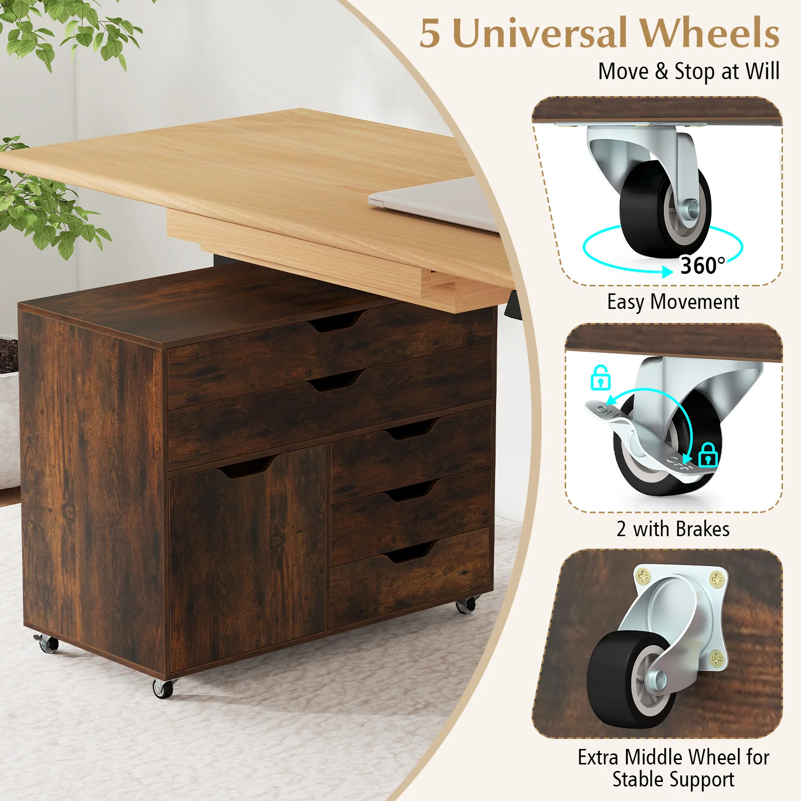 Modern Vertical 5-Drawer Mobile Chest with Door 5 Casters, Brown - Image 10