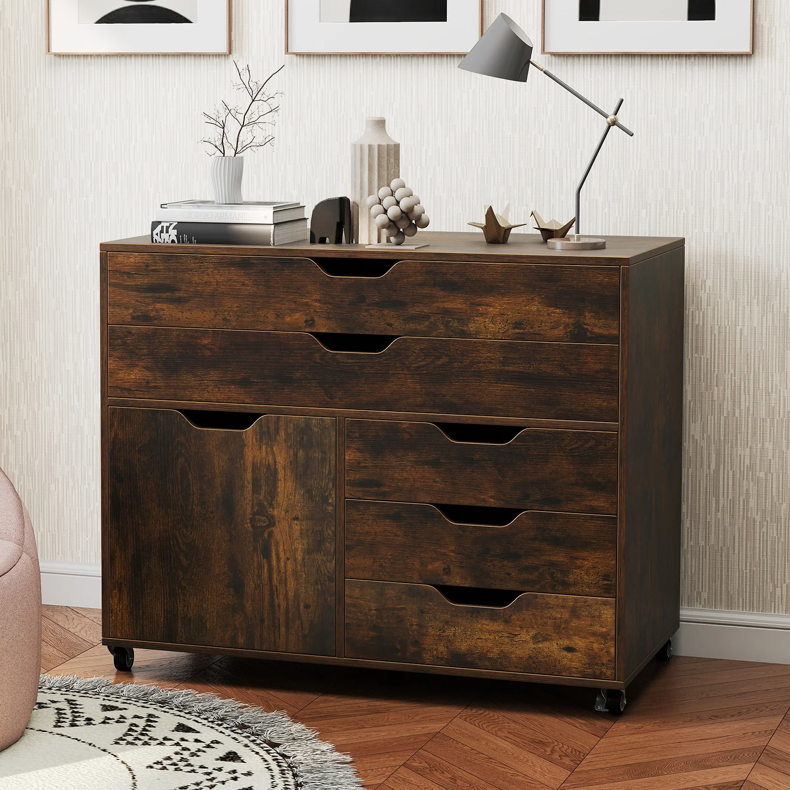 Modern Vertical 5-Drawer Mobile Chest with Door 5 Casters, Brown - Image 2