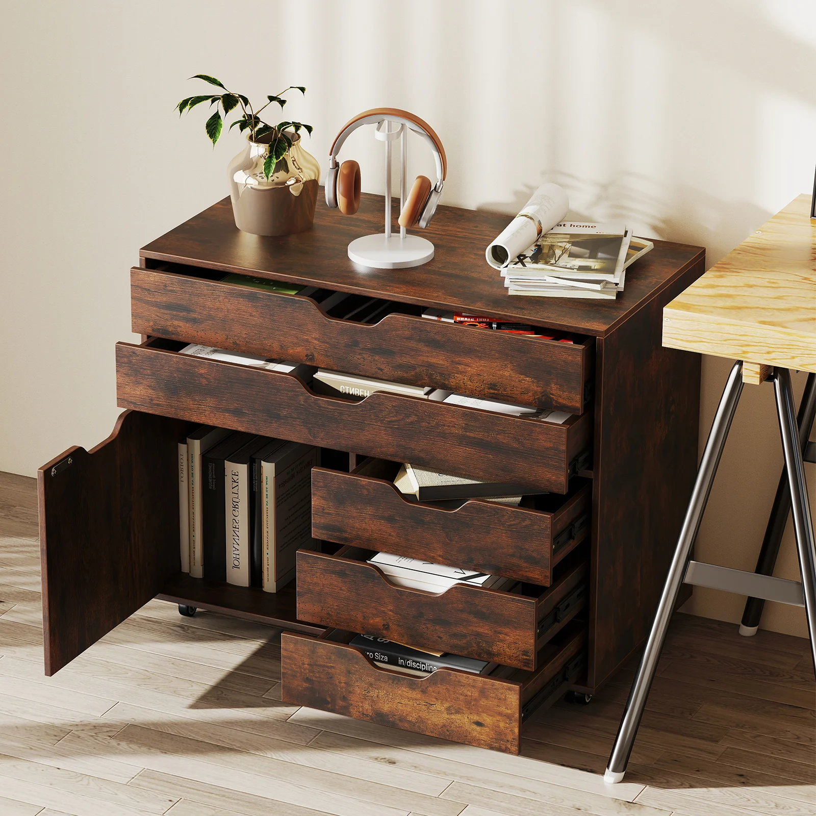 Modern Vertical 5-Drawer Mobile Chest with Door 5 Casters, Brown - Image 3
