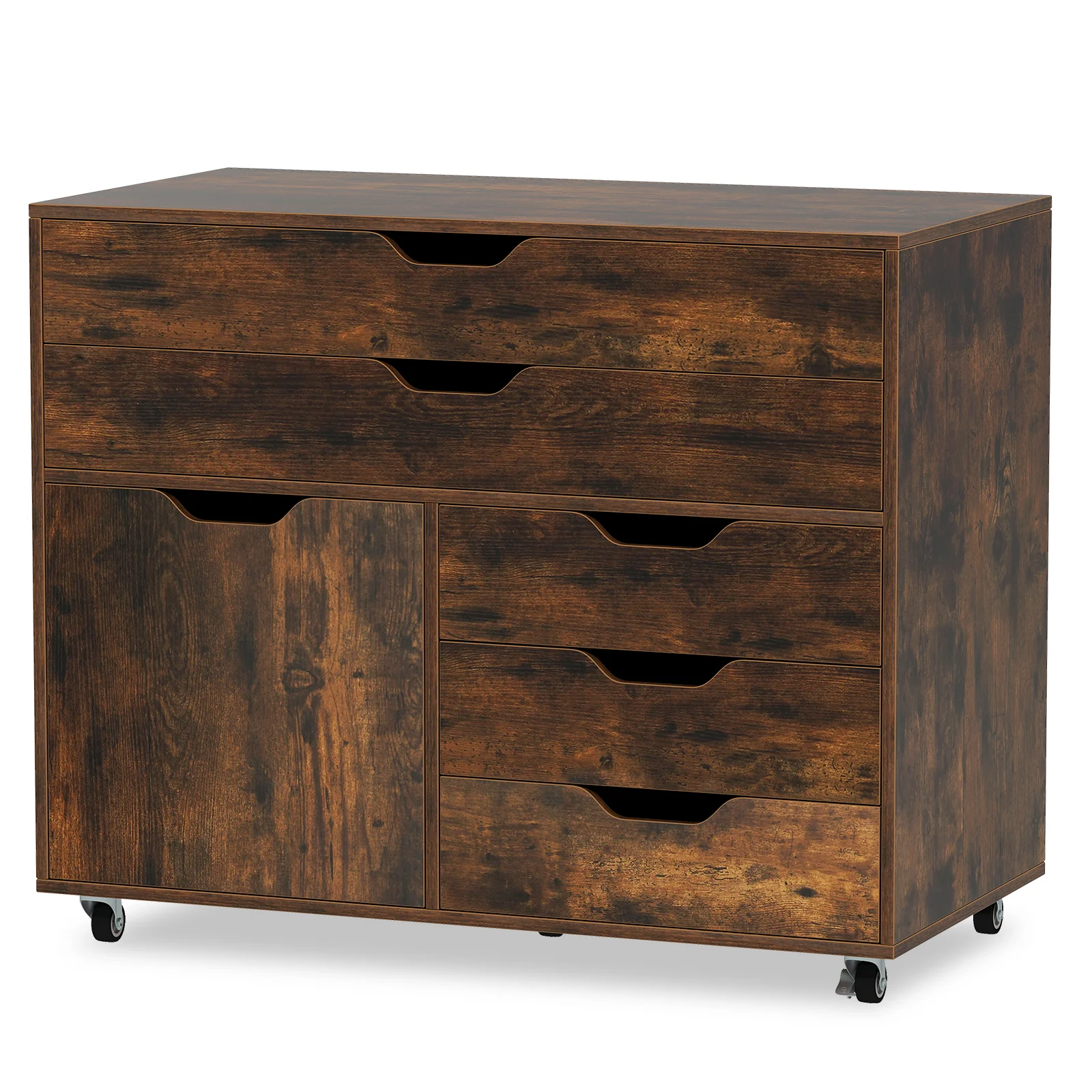 Modern Vertical 5-Drawer Mobile Chest with Door 5 Casters, Brown - Image 4