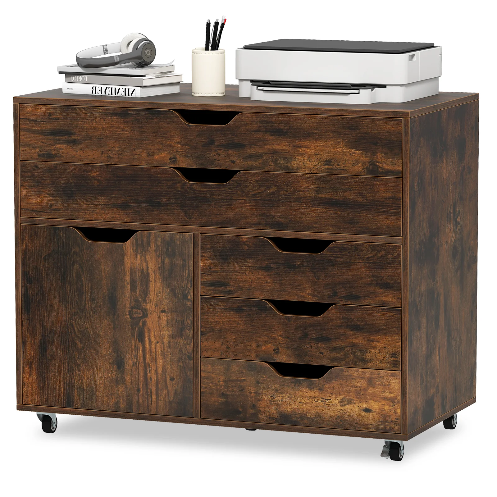 Modern Vertical 5-Drawer Mobile Chest with Door 5 Casters, Brown - Image 5