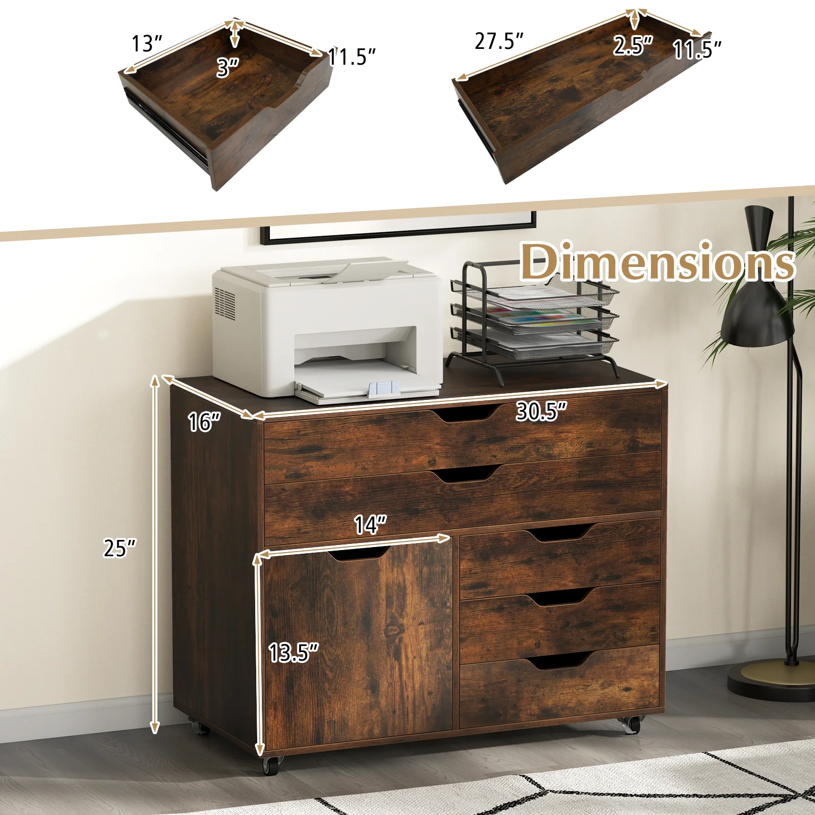 Modern Vertical 5-Drawer Mobile Chest with Door 5 Casters, Brown - Image 6