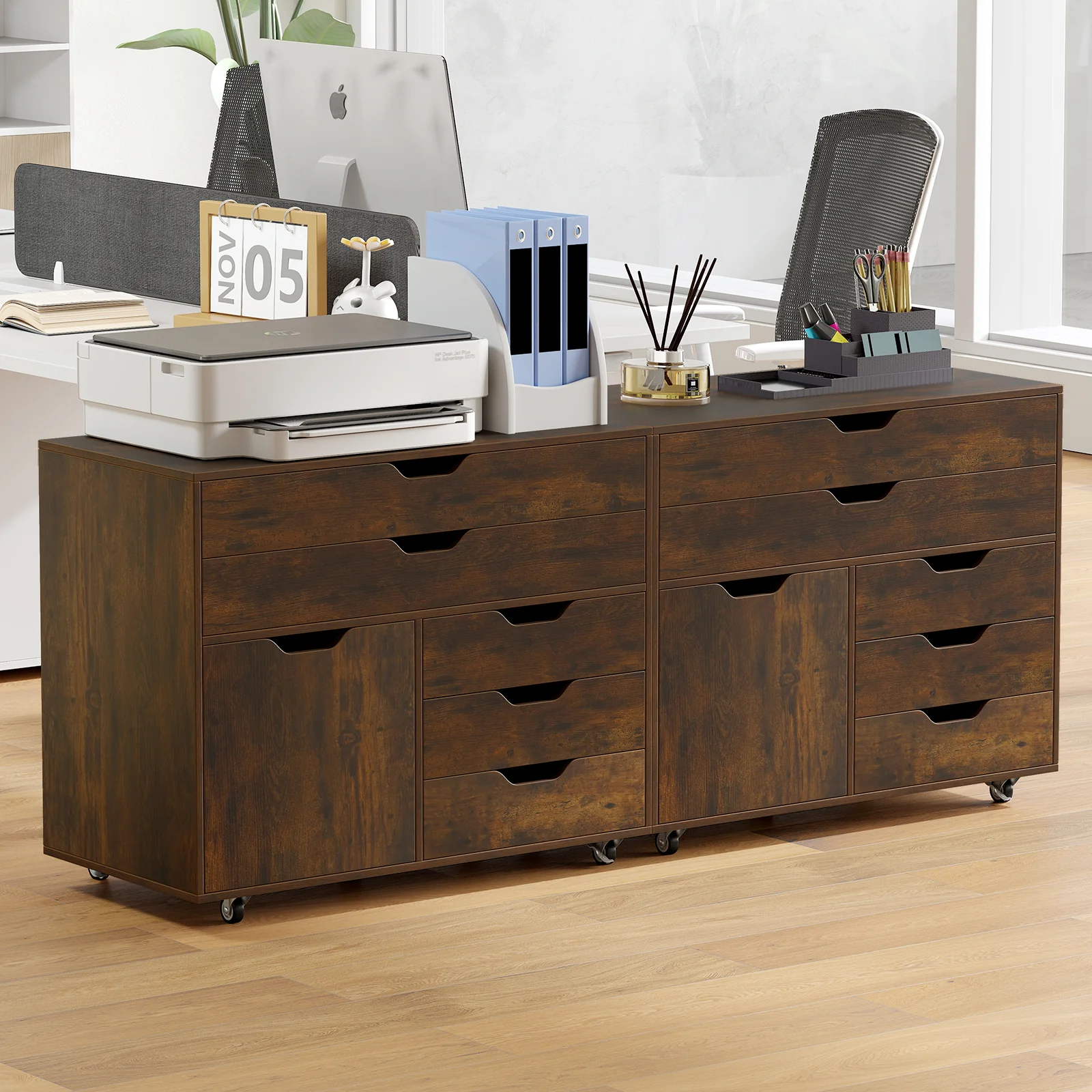 Modern Vertical 5-Drawer Mobile Chest with Door 5 Casters, Brown - Image 7