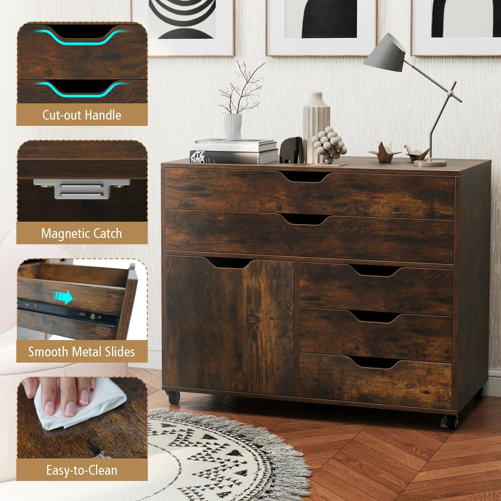 Modern Vertical 5-Drawer Mobile Chest with Door 5 Casters, Brown - Image 8