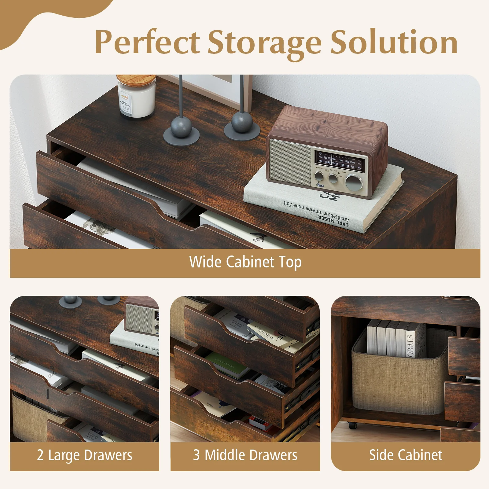 Modern Vertical 5-Drawer Mobile Chest with Door 5 Casters, Brown - Image 9