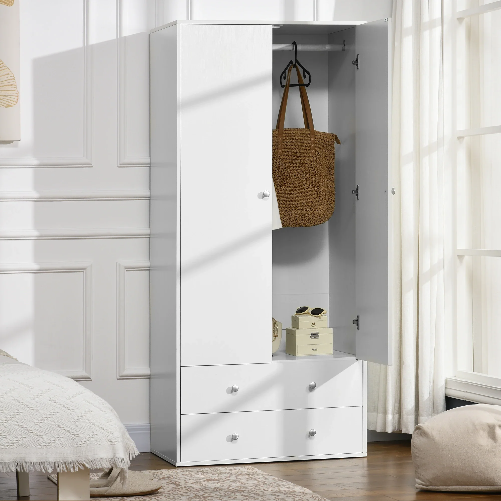 Modern Wardrobe Closet, 2 Drawers, Hanging Rod, Anti-Tipping, White