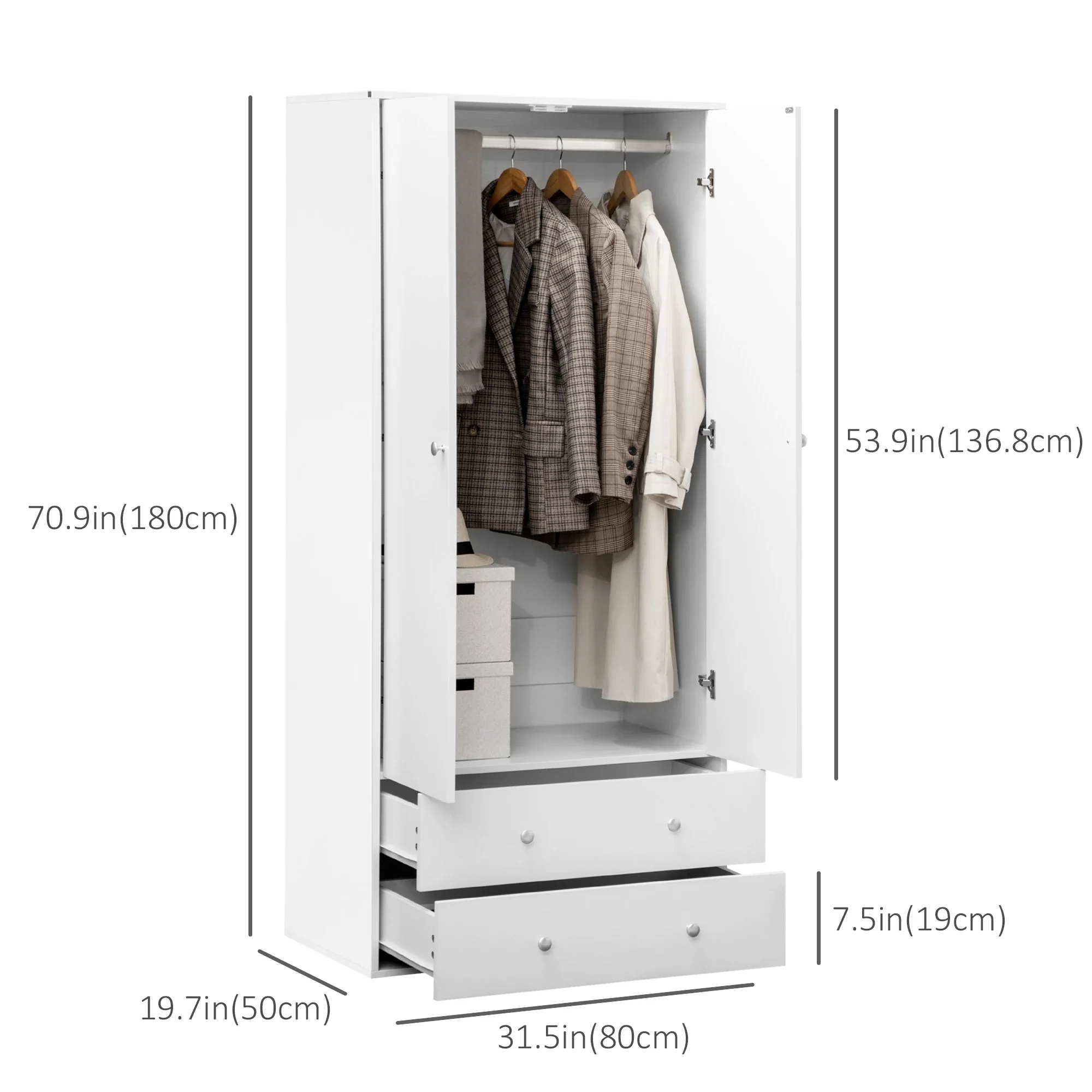 Modern Wardrobe Closet, 2 Drawers, Hanging Rod, Anti-Tipping, White - Image 2