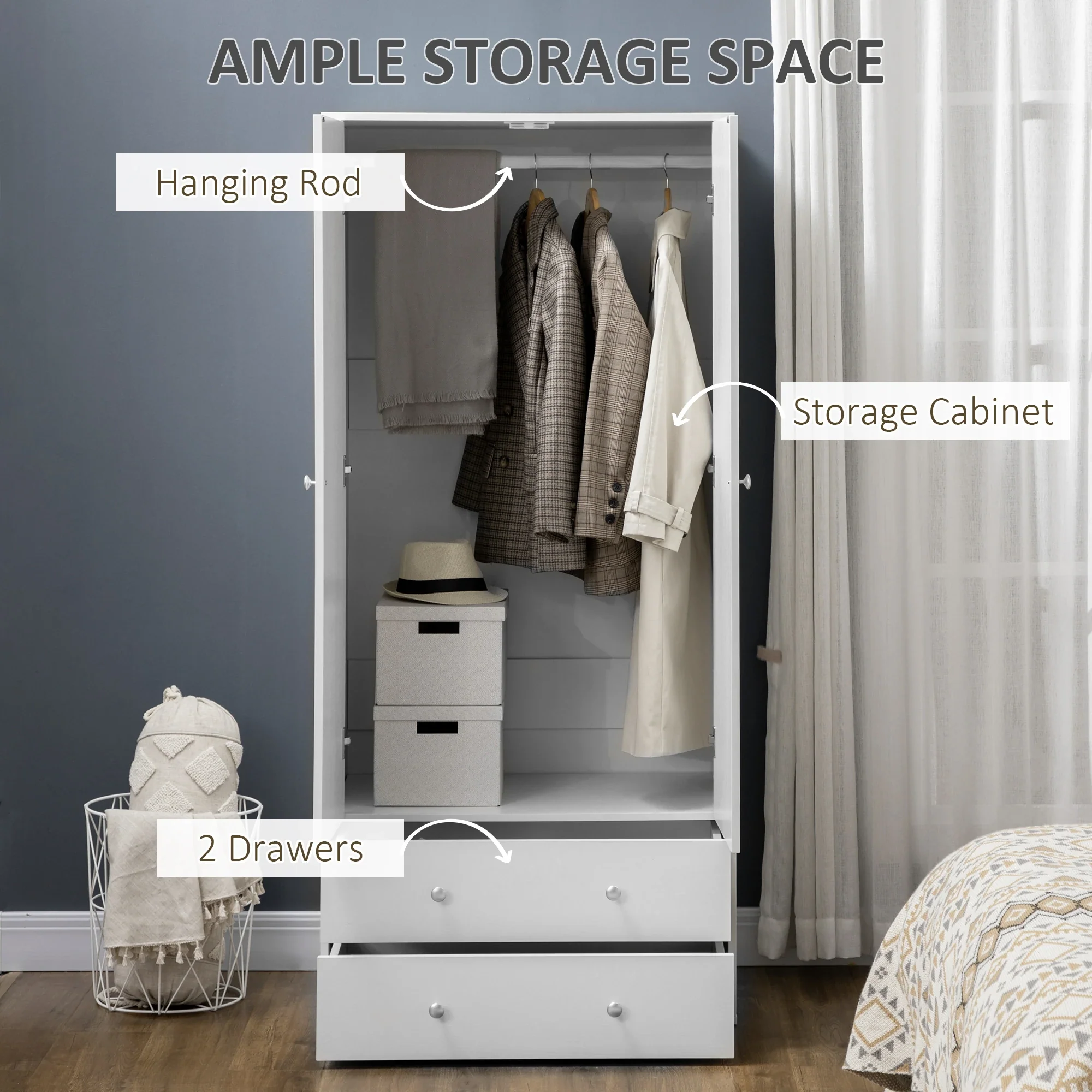 Modern Wardrobe Closet, 2 Drawers, Hanging Rod, Anti-Tipping, White - Image 3