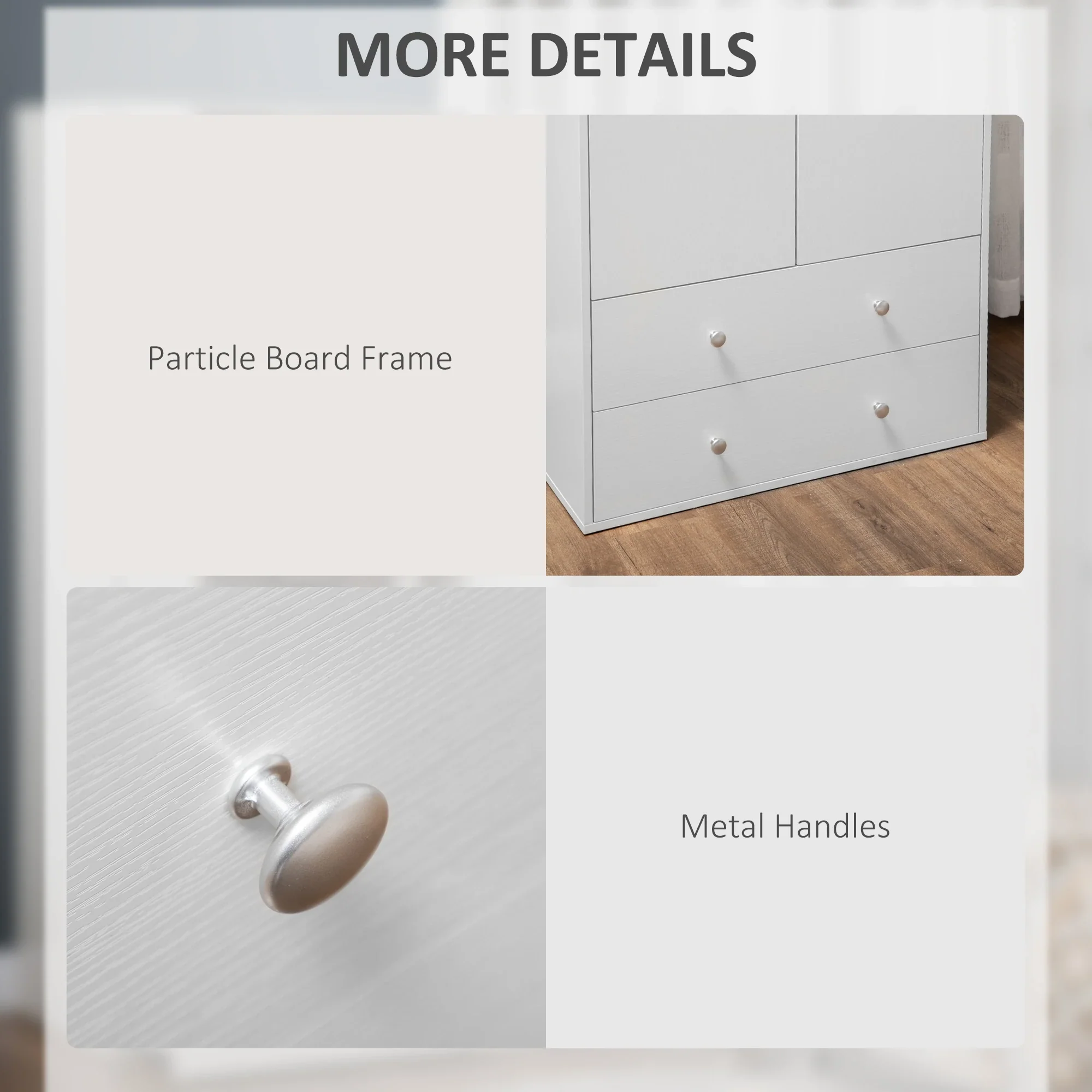Modern Wardrobe Closet, 2 Drawers, Hanging Rod, Anti-Tipping, White - Image 5