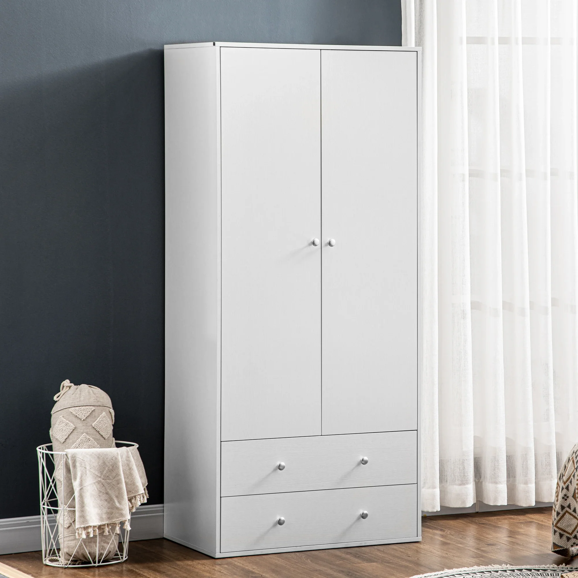 Modern Wardrobe Closet, 2 Drawers, Hanging Rod, Anti-Tipping, White - Image 6
