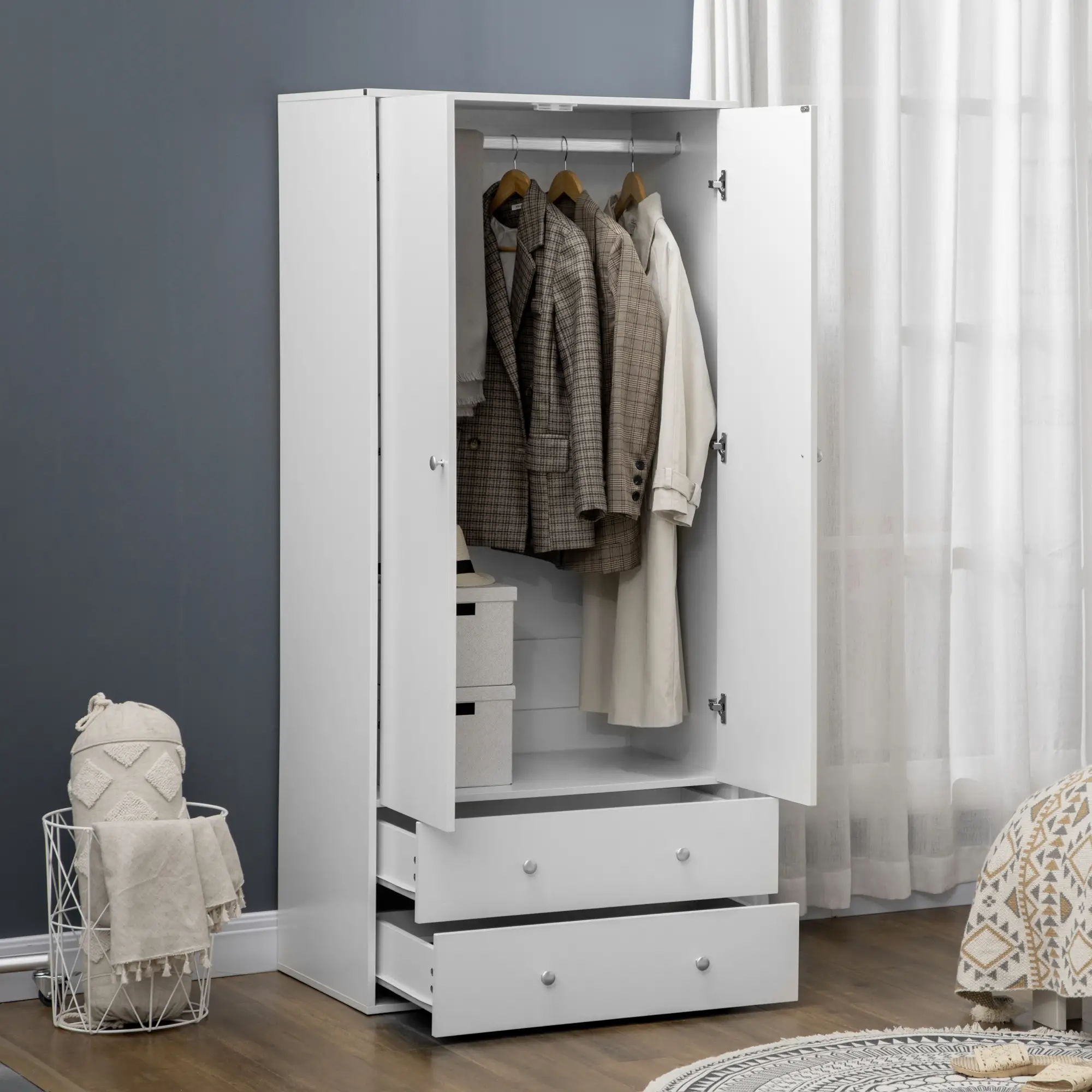 Modern Wardrobe Closet, 2 Drawers, Hanging Rod, Anti-Tipping, White - Image 7