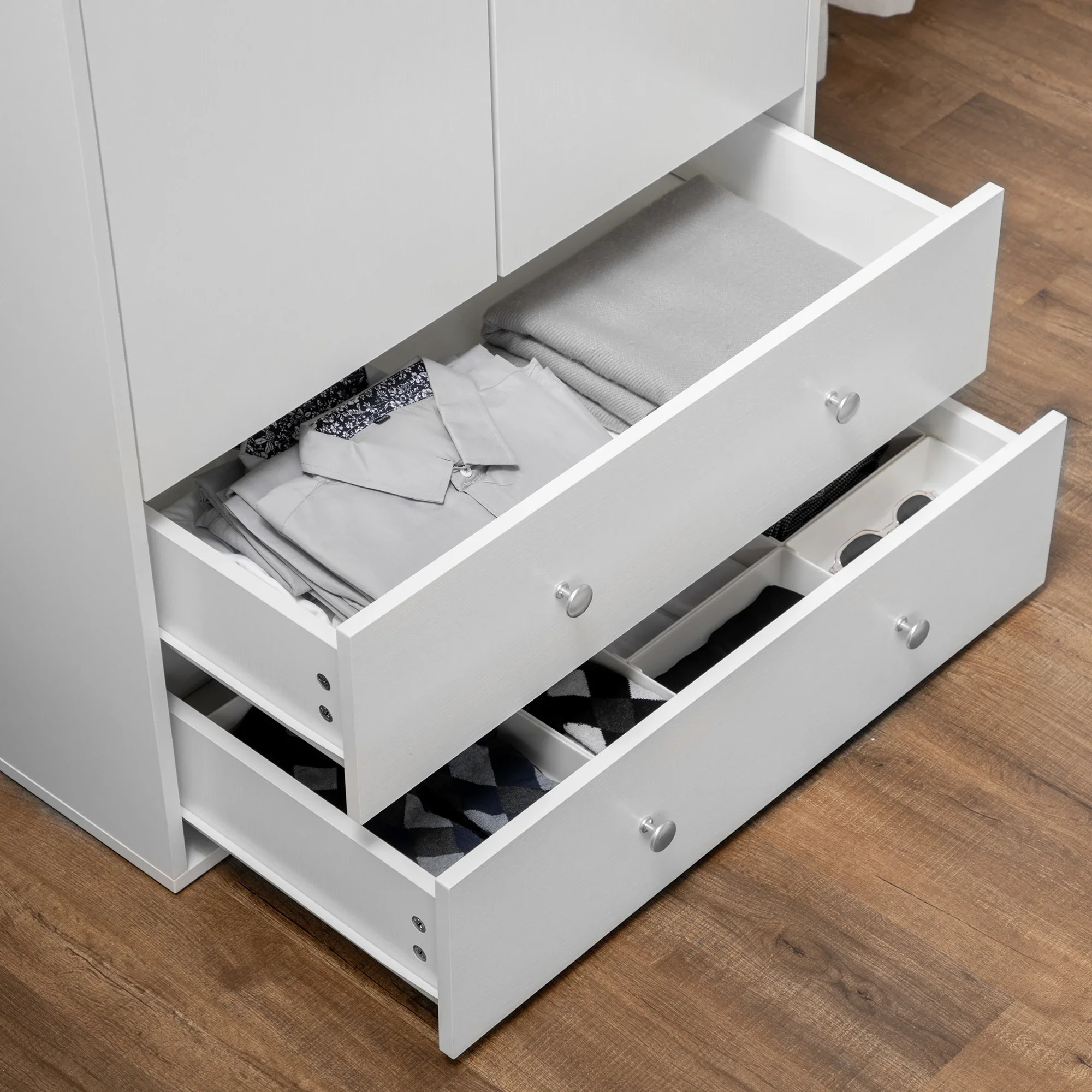 Modern Wardrobe Closet, 2 Drawers, Hanging Rod, Anti-Tipping, White - Image 9