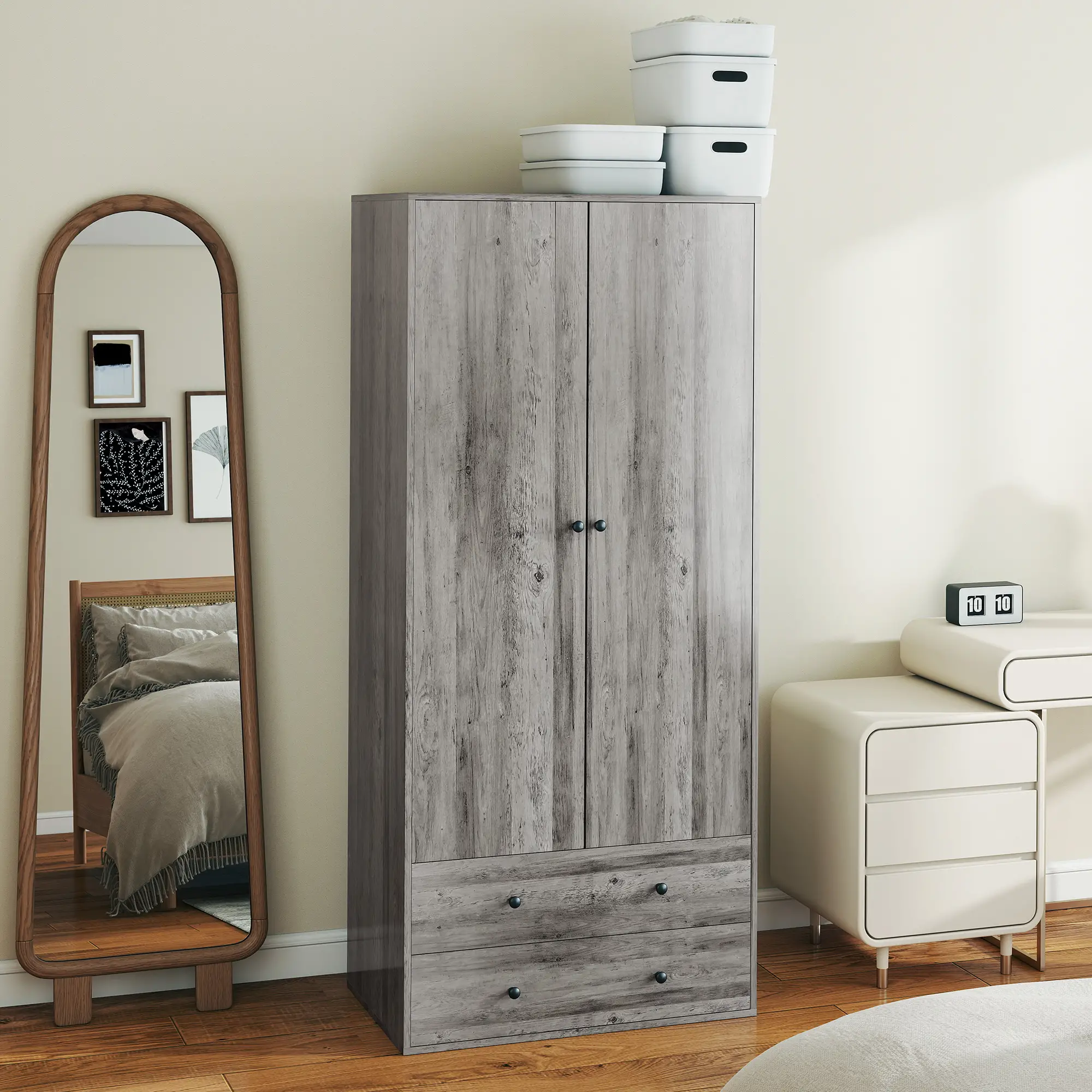 Modern Wardrobe Closet, 2 Drawers, Hanging Rod, Grey - Image 10