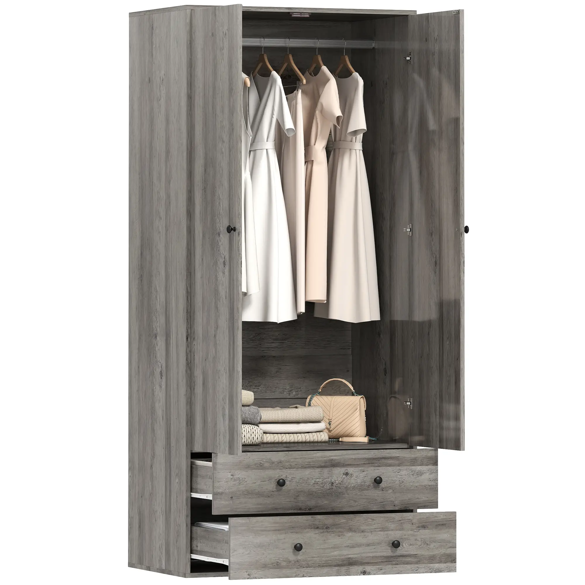 Modern Wardrobe Closet, 2 Drawers, Hanging Rod, Grey - Image 11