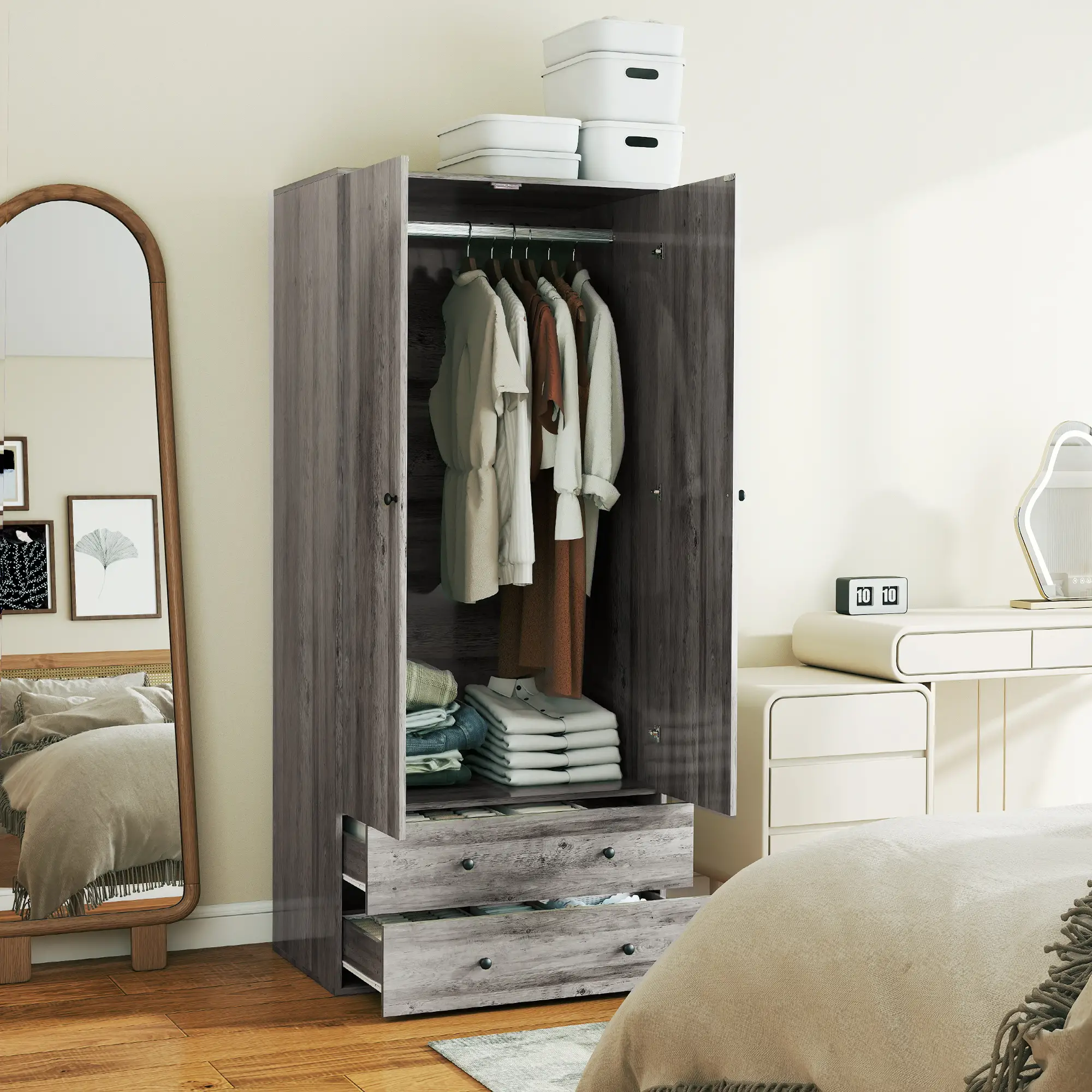 Modern Wardrobe Closet, 2 Drawers, Hanging Rod, Grey - Image 2