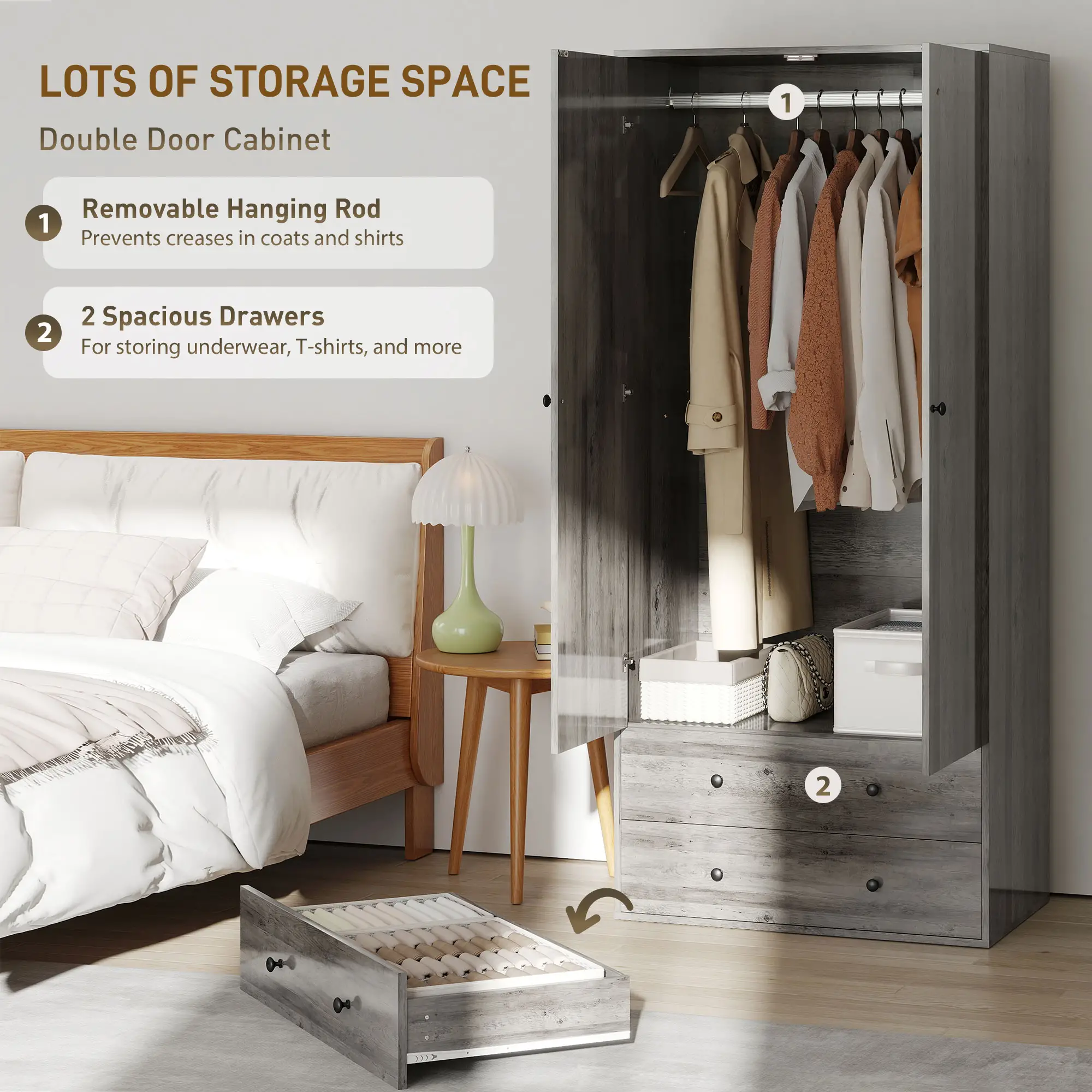 Modern Wardrobe Closet, 2 Drawers, Hanging Rod, Grey - Image 4