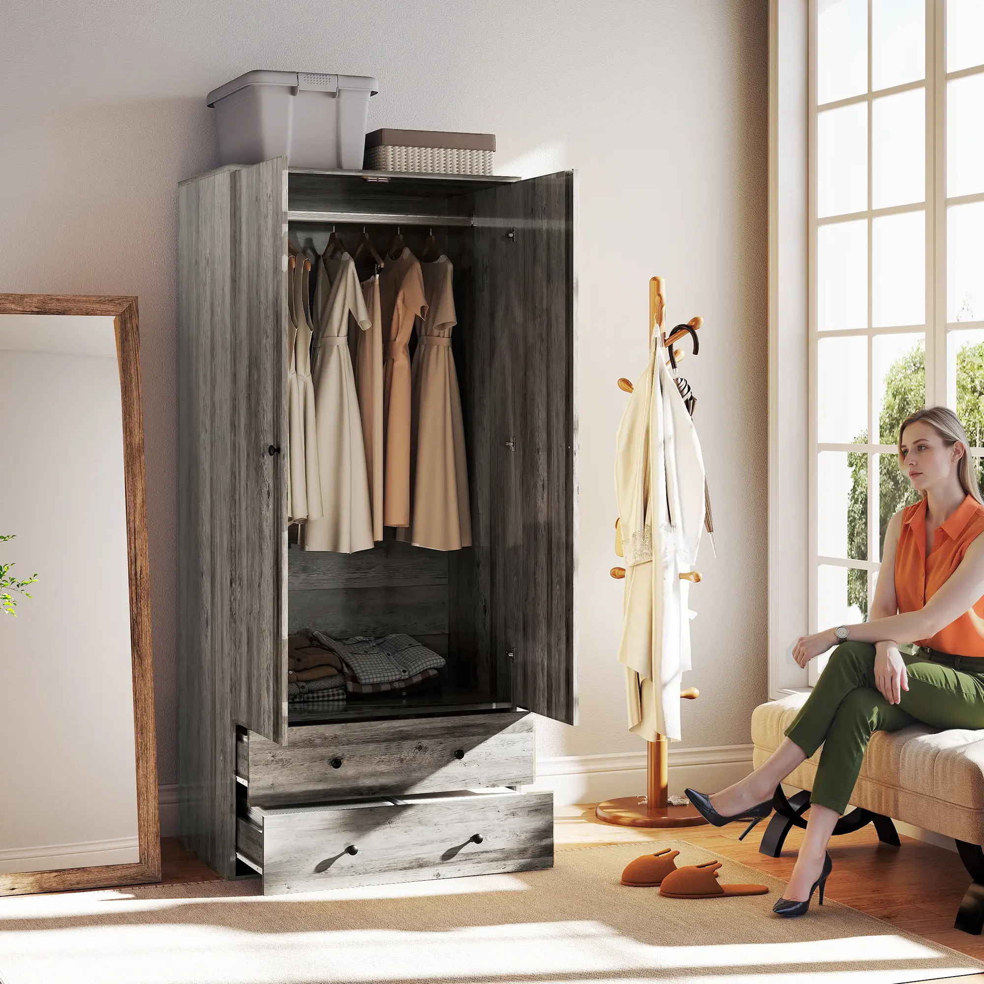 Modern Wardrobe Closet, 2 Drawers, Hanging Rod, Grey - Image 8