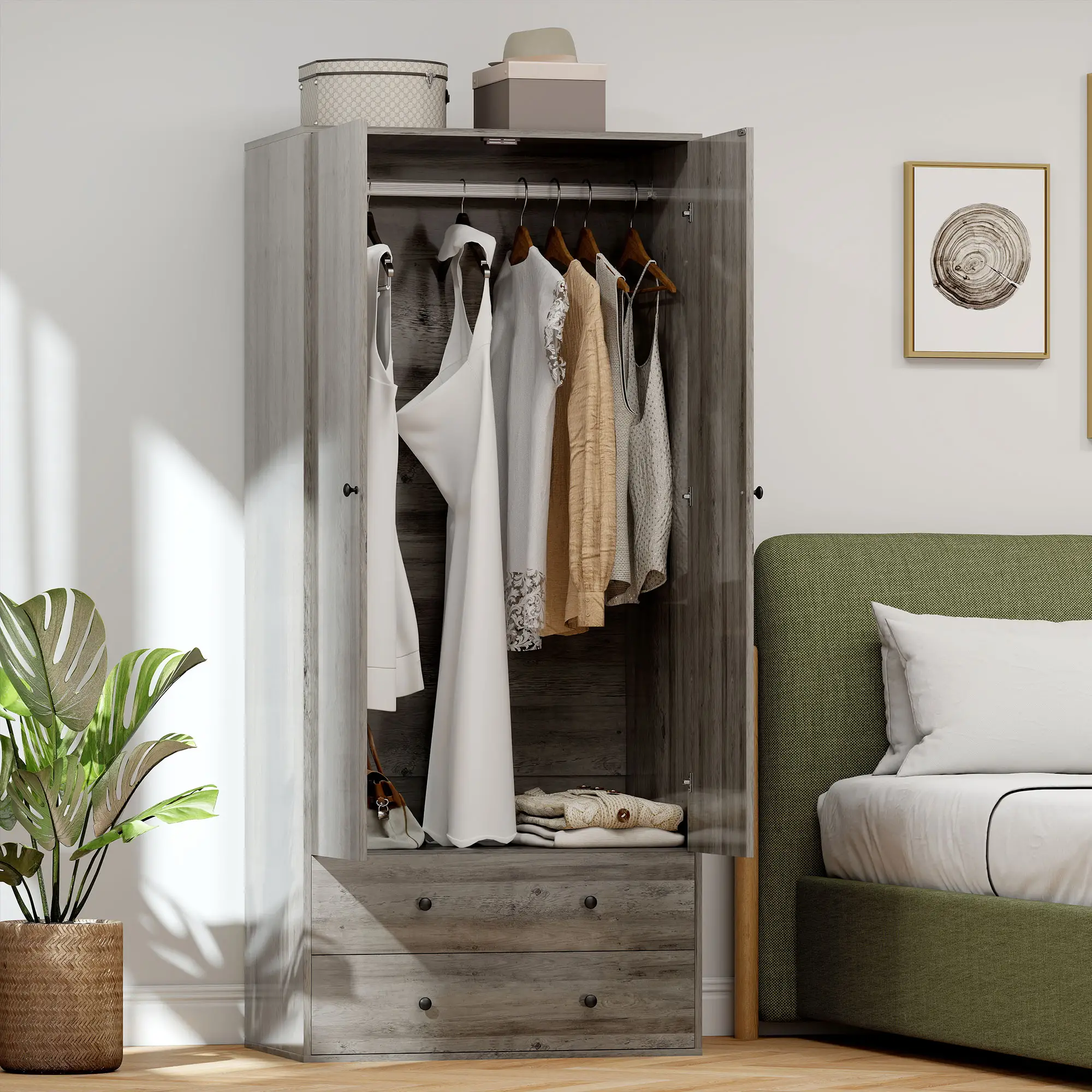 Modern Wardrobe Closet, 2 Drawers, Hanging Rod, Grey - Image 9