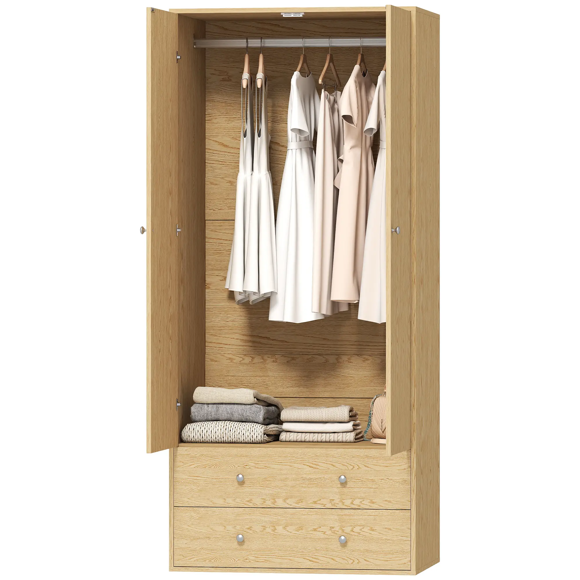 Modern Wardrobe Closet, 2 Drawers, Hanging Rod, Natural Wood