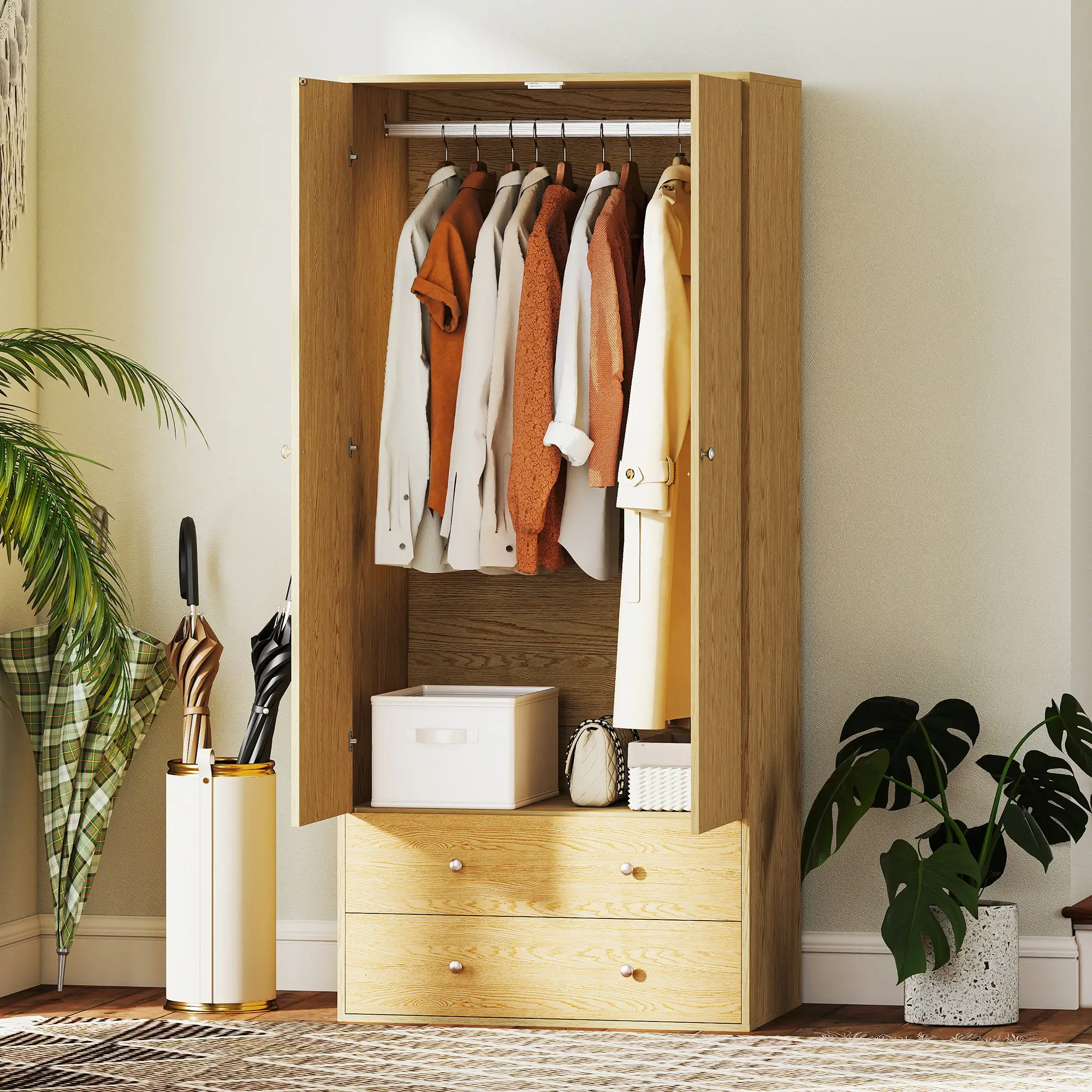 Modern Wardrobe Closet, 2 Drawers, Hanging Rod, Natural Wood - Image 10