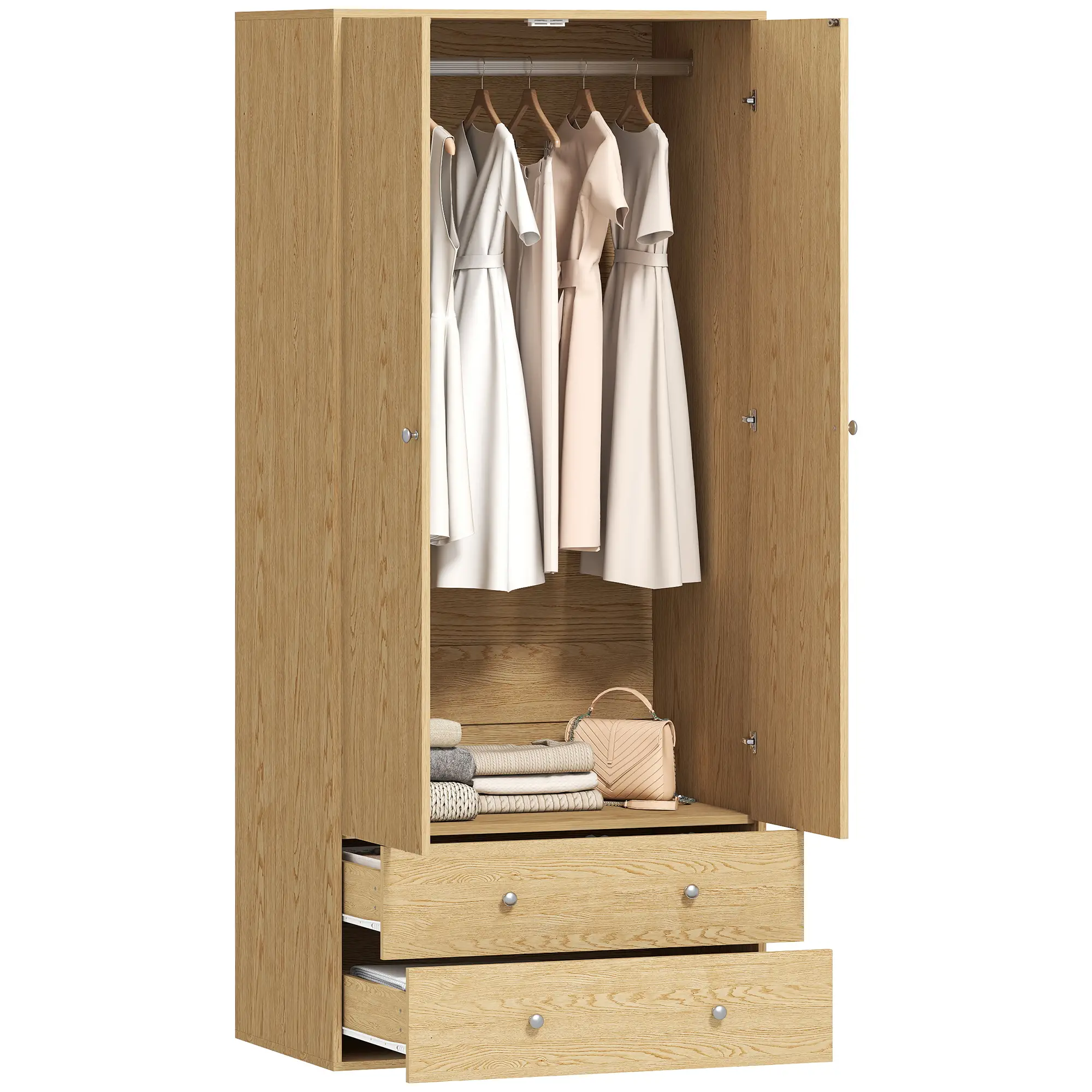 Modern Wardrobe Closet, 2 Drawers, Hanging Rod, Natural Wood - Image 11
