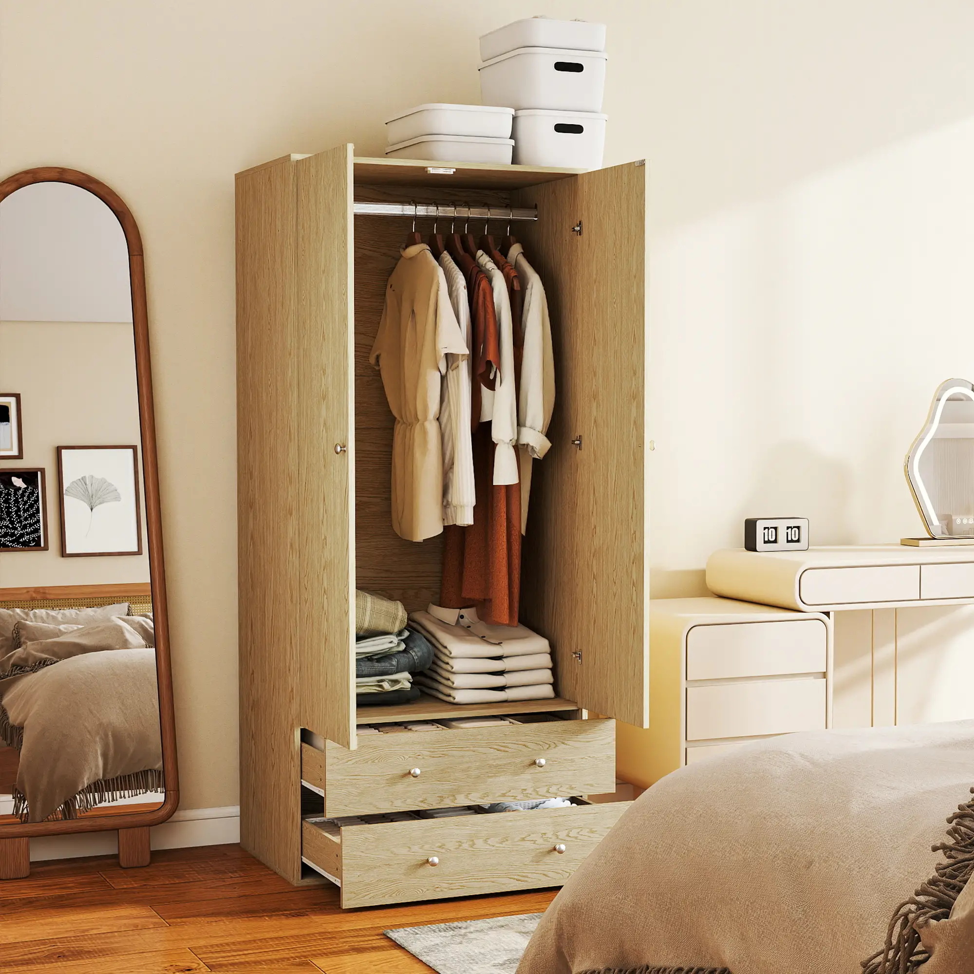 Modern Wardrobe Closet, 2 Drawers, Hanging Rod, Natural Wood - Image 2