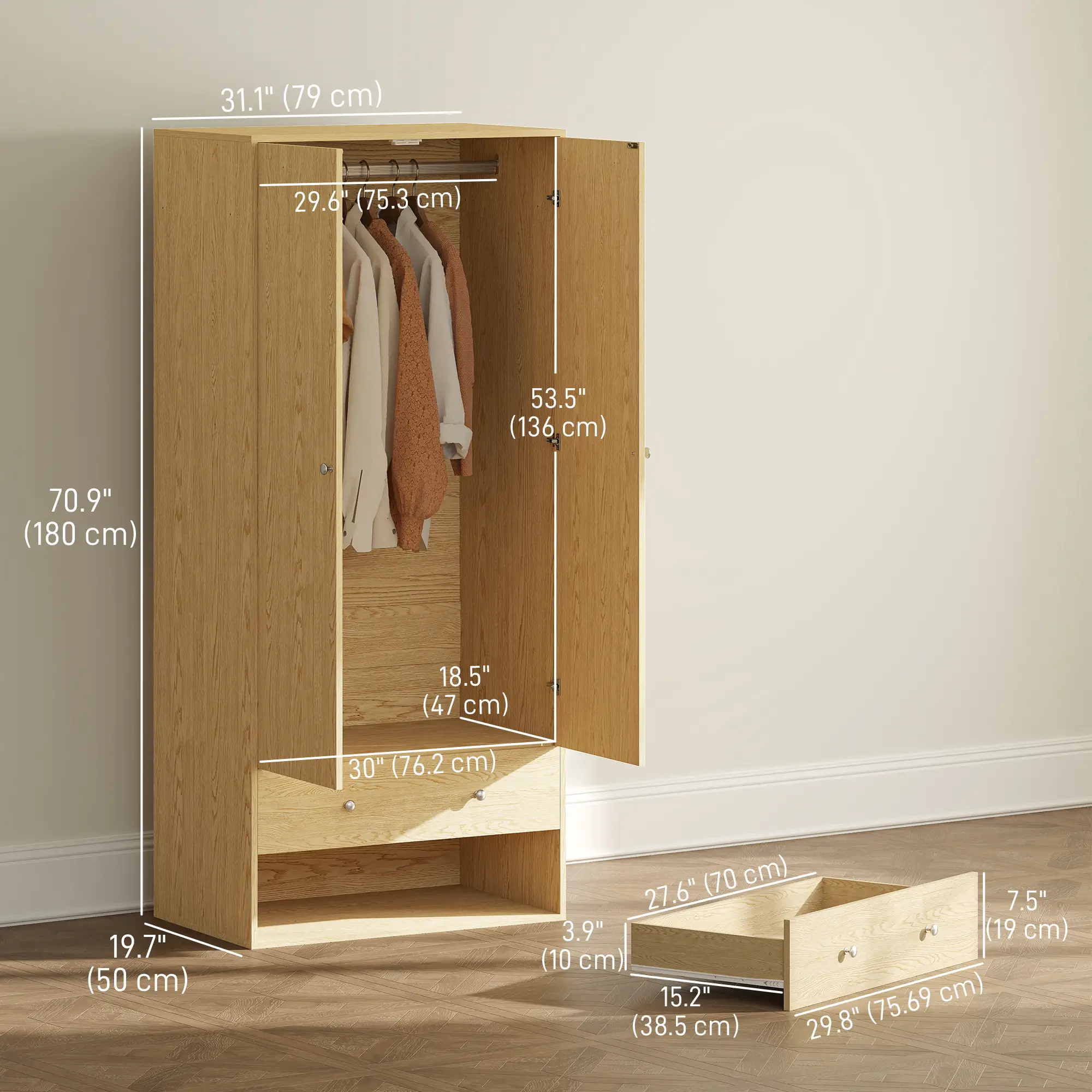 Modern Wardrobe Closet, 2 Drawers, Hanging Rod, Natural Wood - Image 3