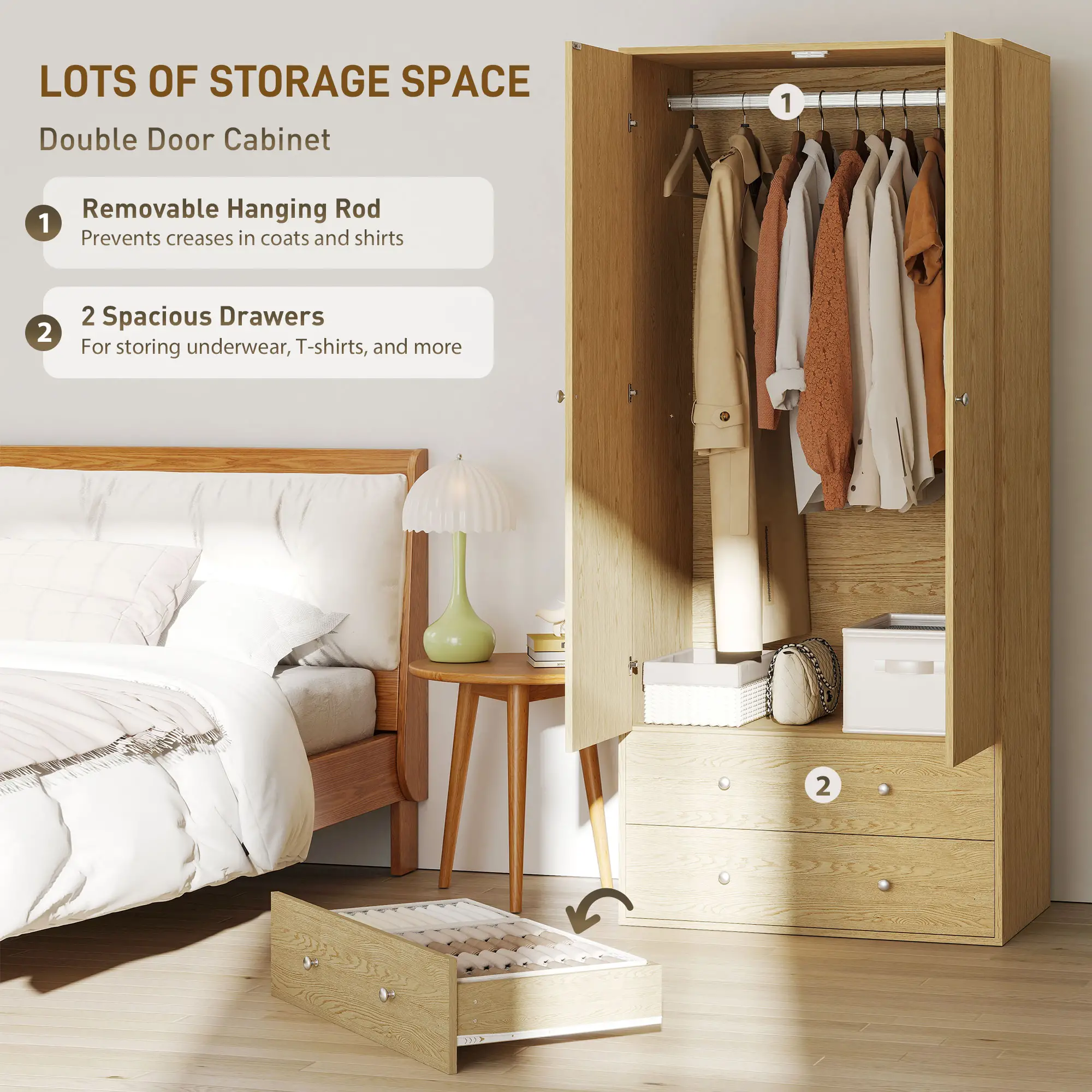 Modern Wardrobe Closet, 2 Drawers, Hanging Rod, Natural Wood - Image 4