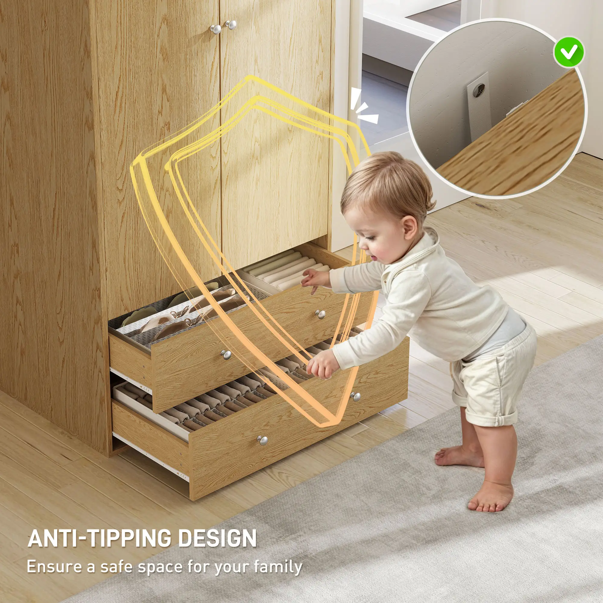 Modern Wardrobe Closet, 2 Drawers, Hanging Rod, Natural Wood - Image 5
