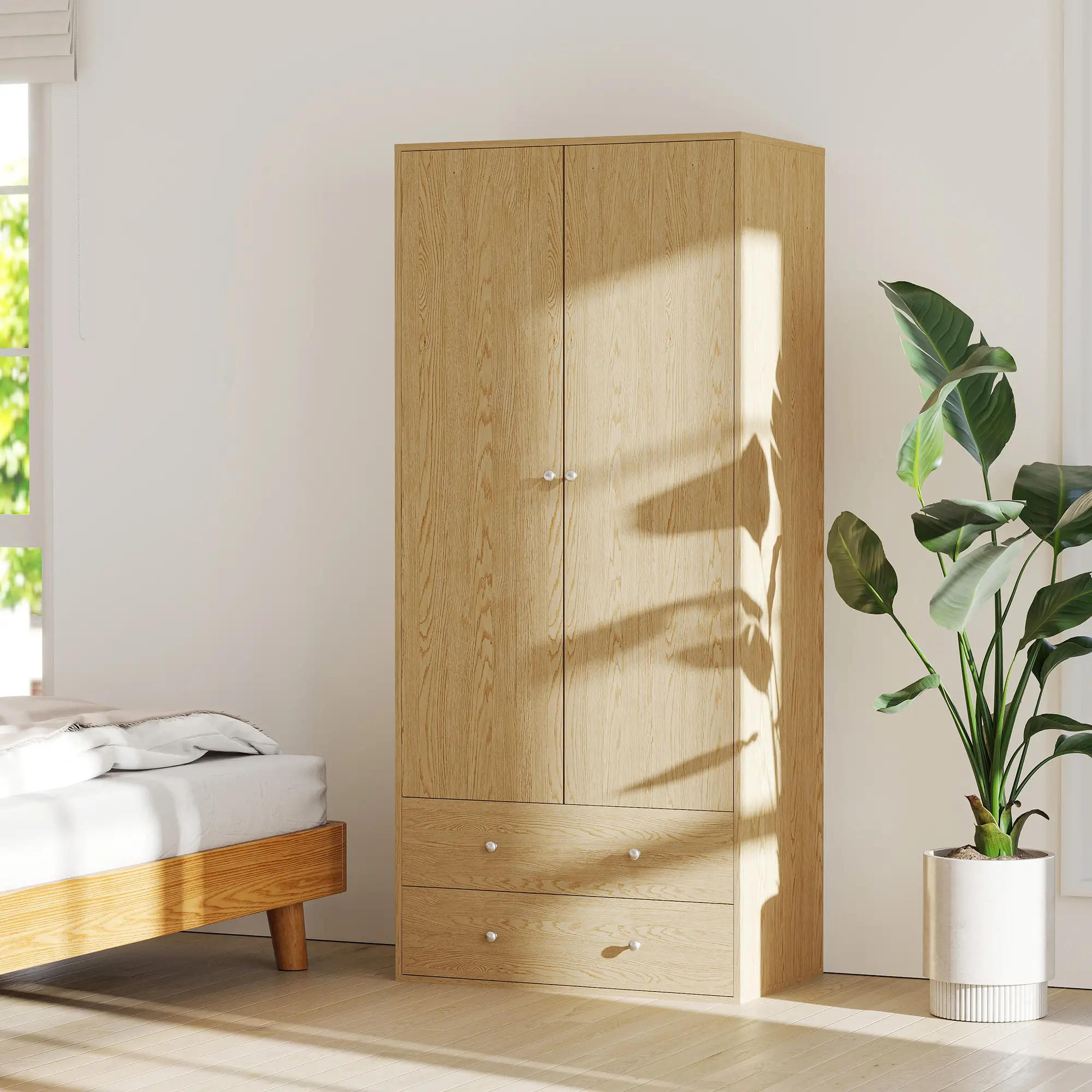 Modern Wardrobe Closet, 2 Drawers, Hanging Rod, Natural Wood - Image 7