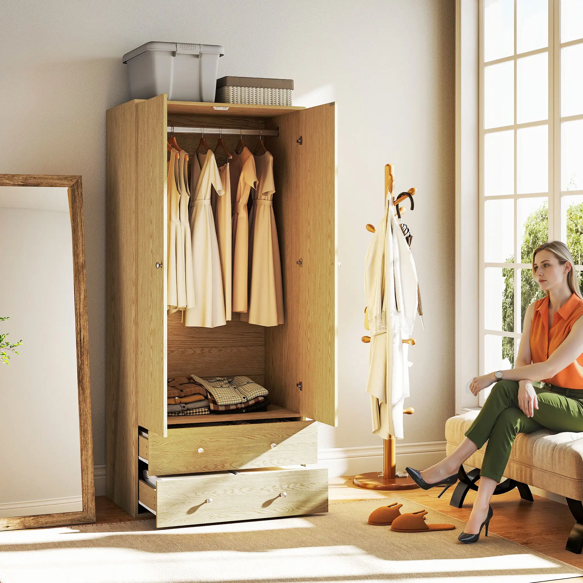 Modern Wardrobe Closet, 2 Drawers, Hanging Rod, Natural Wood - Image 8