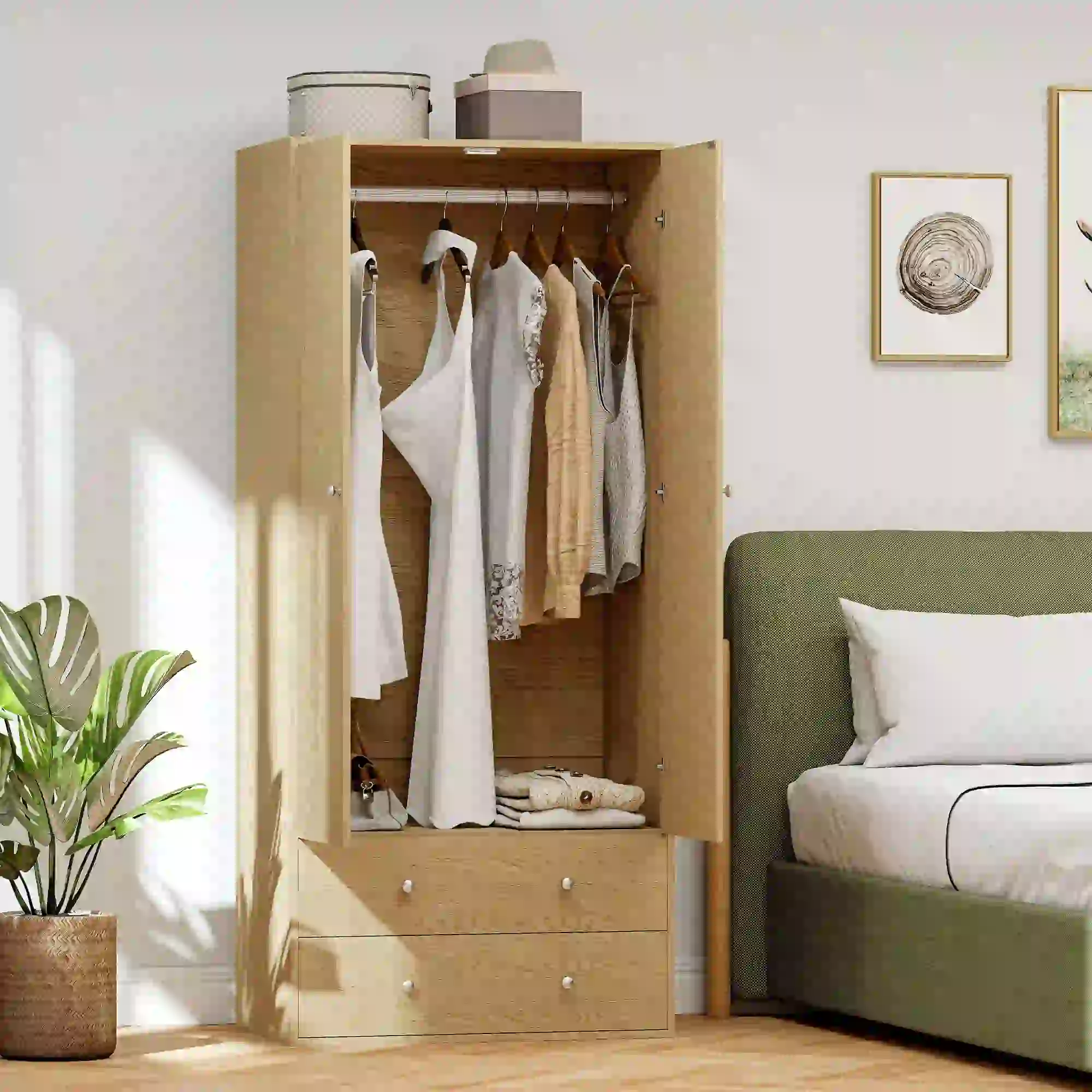 Modern Wardrobe Closet, 2 Drawers, Hanging Rod, Natural Wood - Image 9