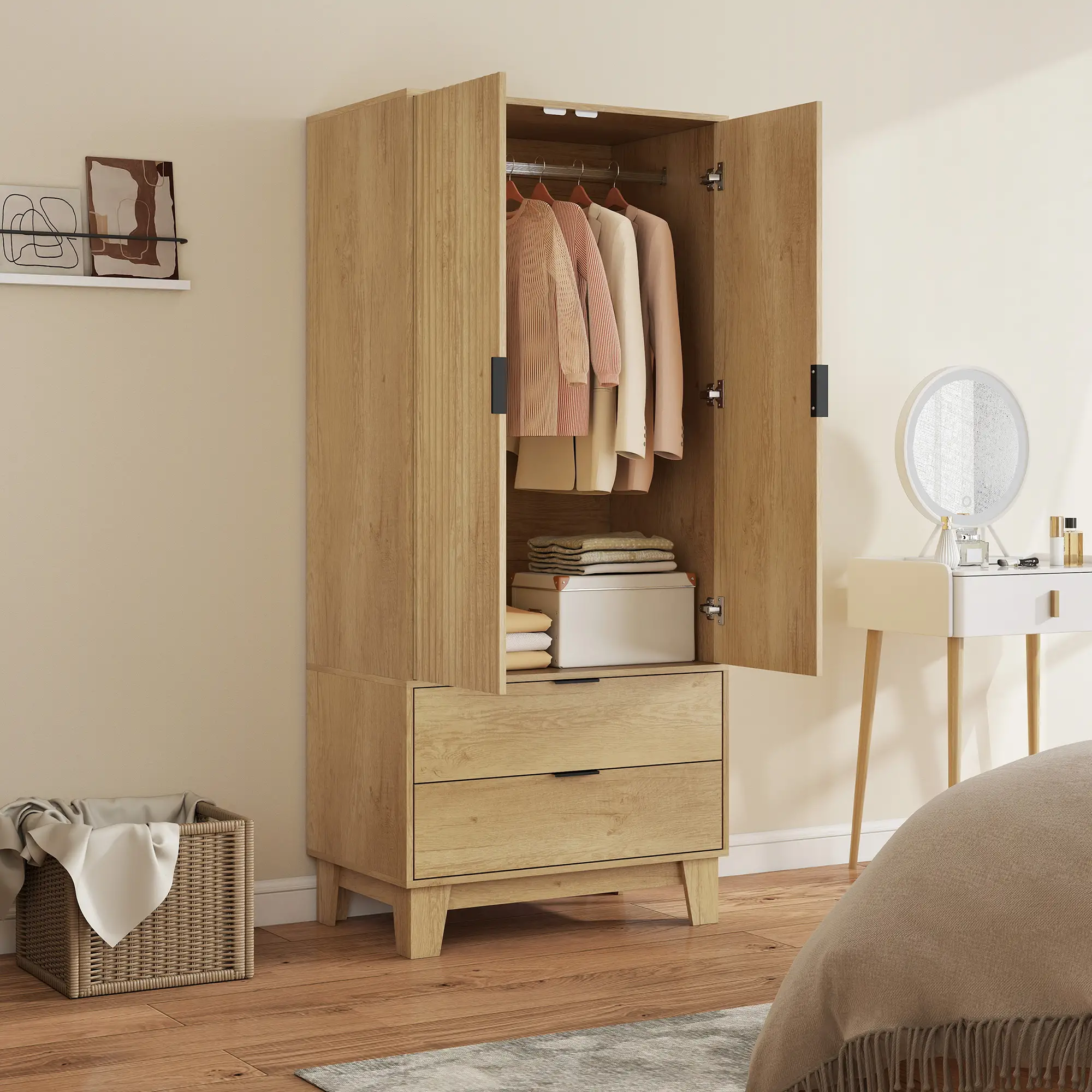 Modern Wardrobe Closet, Freestanding Armoire, 2 Drawers, Hanging Rod, Natural - Image 10