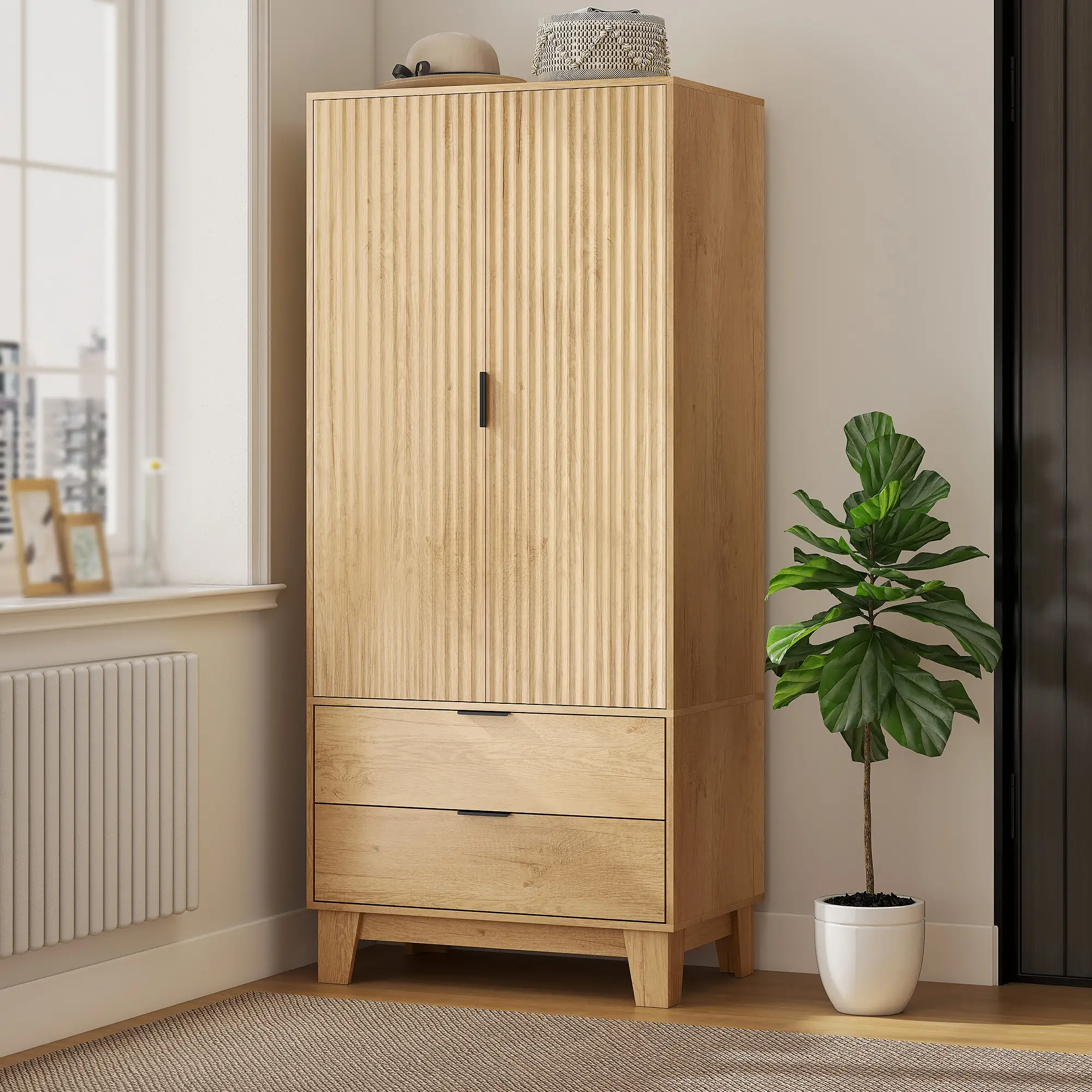 Modern Wardrobe Closet, Freestanding Armoire, 2 Drawers, Hanging Rod, Natural - Image 2