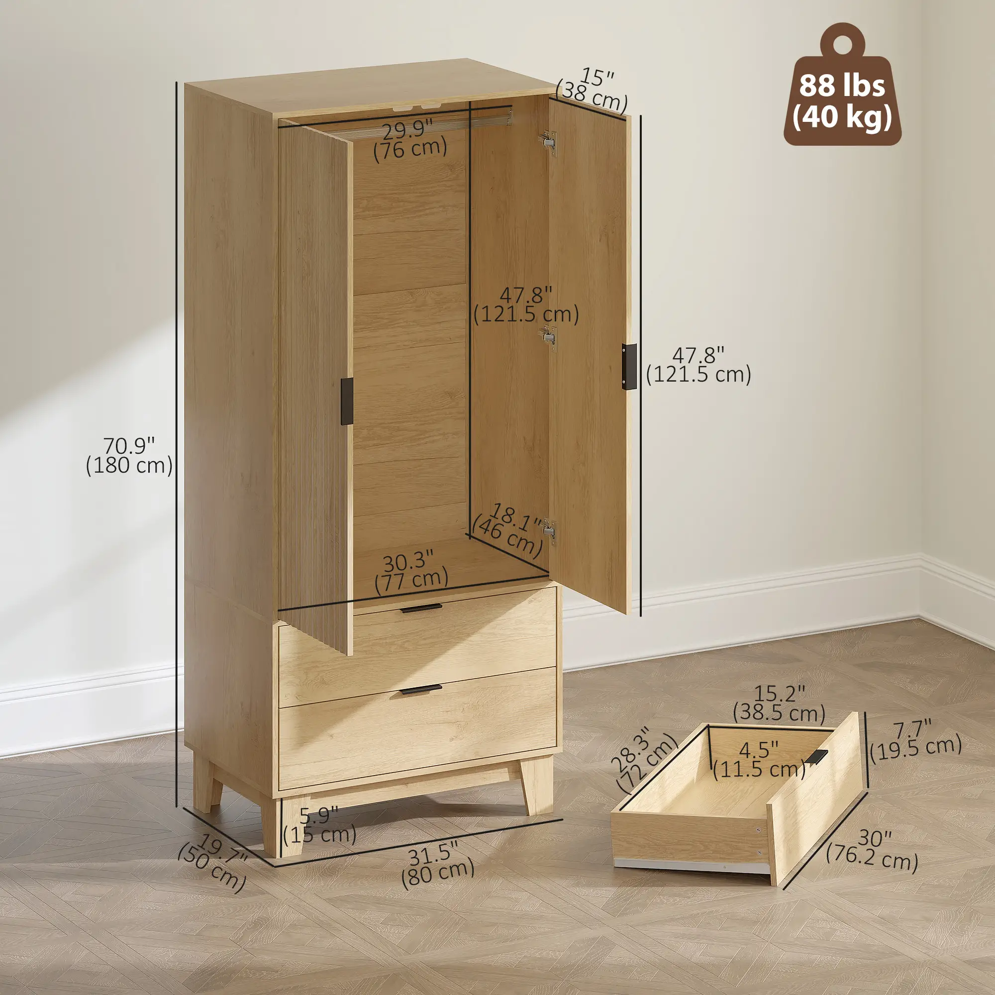 Modern Wardrobe Closet, Freestanding Armoire, 2 Drawers, Hanging Rod, Natural - Image 3