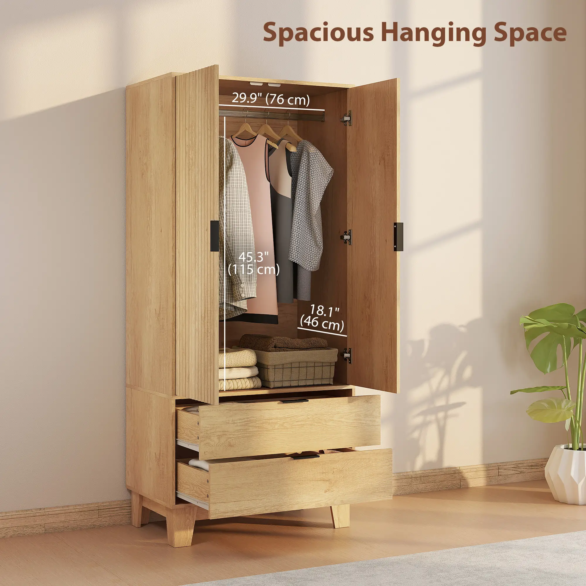 Modern Wardrobe Closet, Freestanding Armoire, 2 Drawers, Hanging Rod, Natural - Image 4