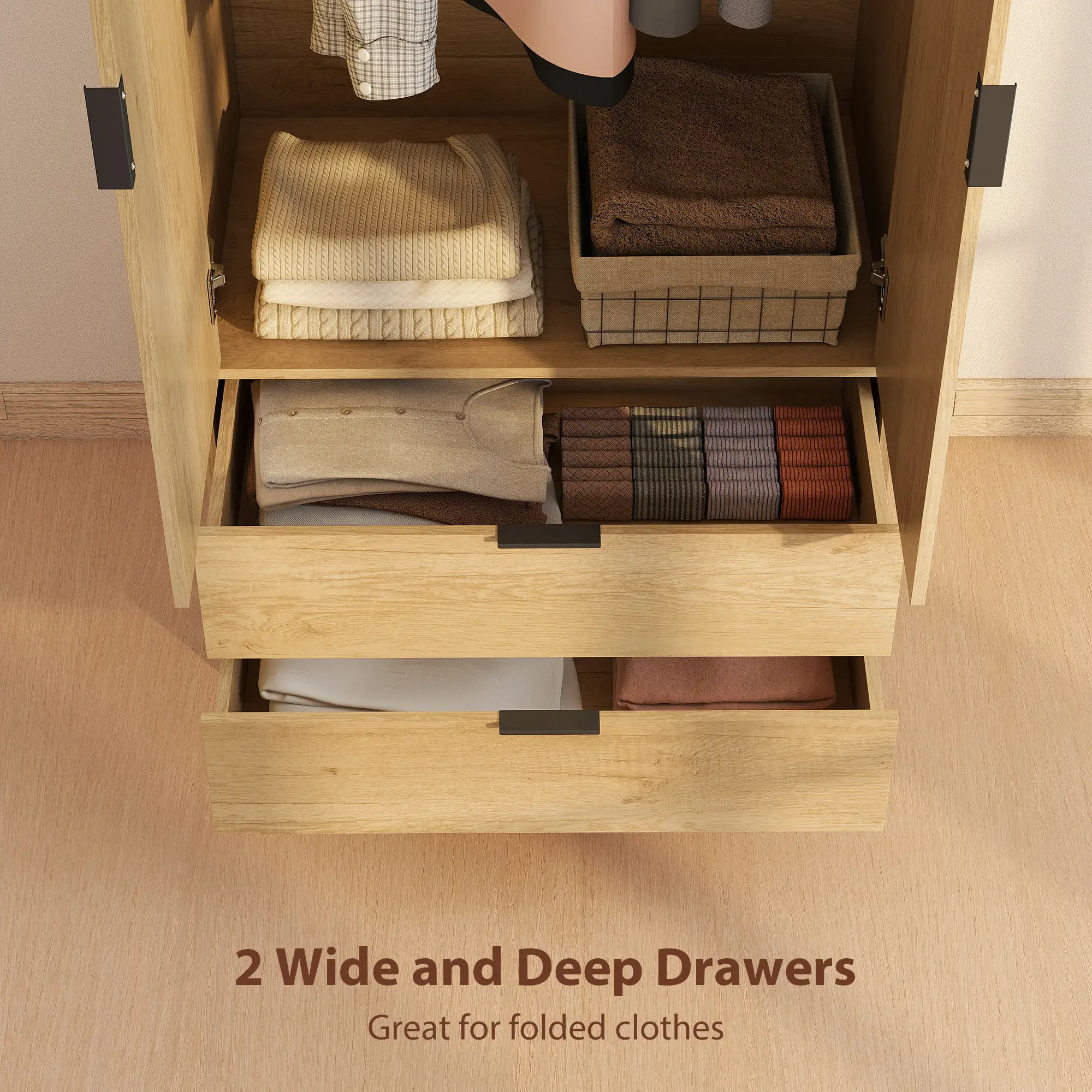 Modern Wardrobe Closet, Freestanding Armoire, 2 Drawers, Hanging Rod, Natural - Image 5