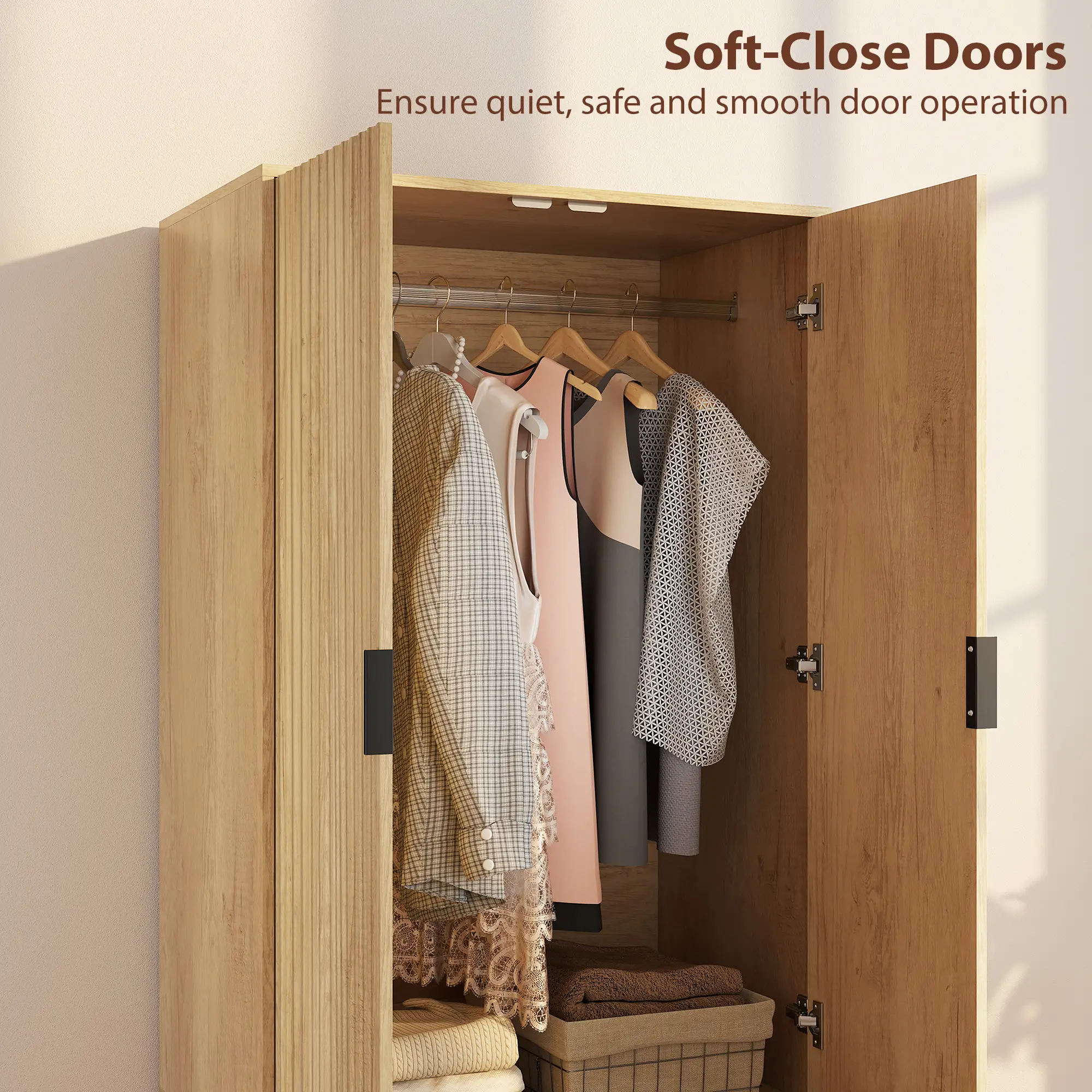Modern Wardrobe Closet, Freestanding Armoire, 2 Drawers, Hanging Rod, Natural - Image 6