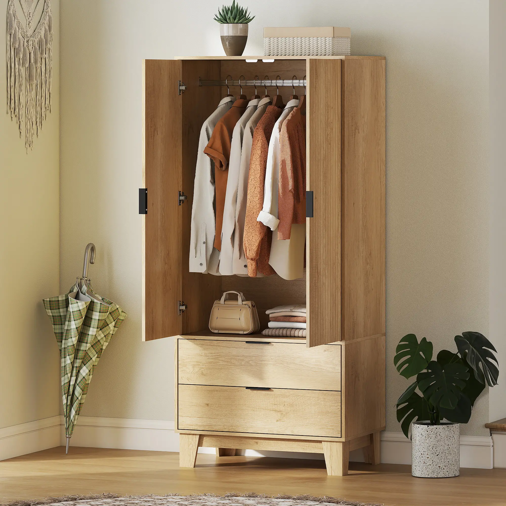 Modern Wardrobe Closet, Freestanding Armoire, 2 Drawers, Hanging Rod, Natural - Image 8