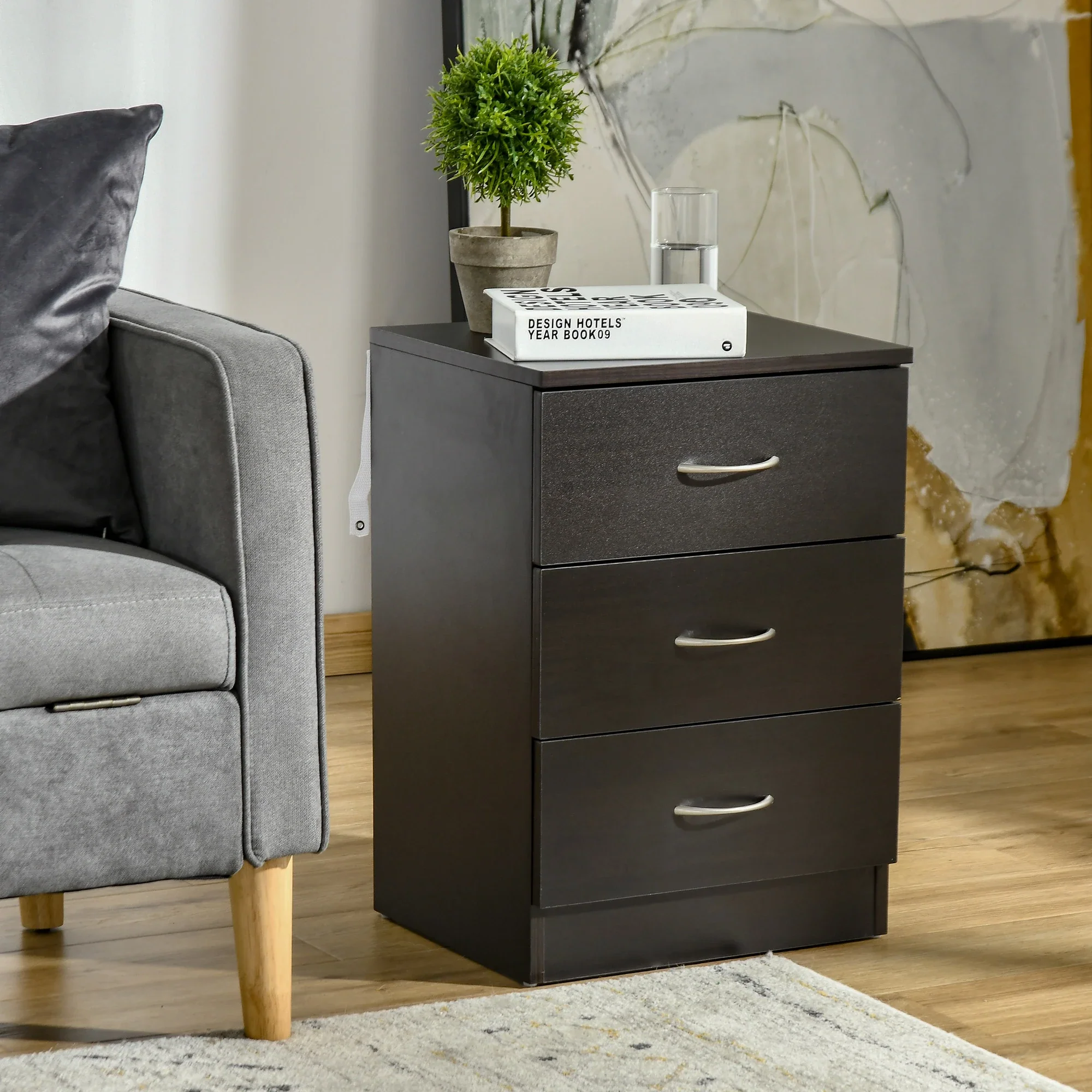 Modern Wood Nightstand, 3 Drawers, Anti-Tipping Design, Set of 2, Dark Brown - Image 2