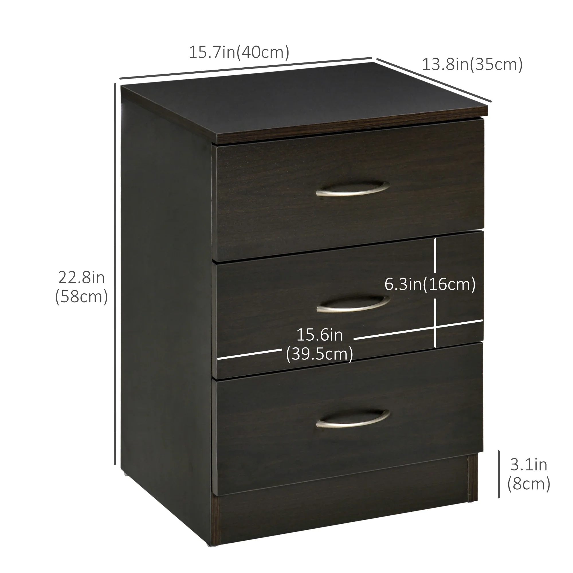 Modern Wood Nightstand, 3 Drawers, Anti-Tipping Design, Set of 2, Dark Brown - Image 3