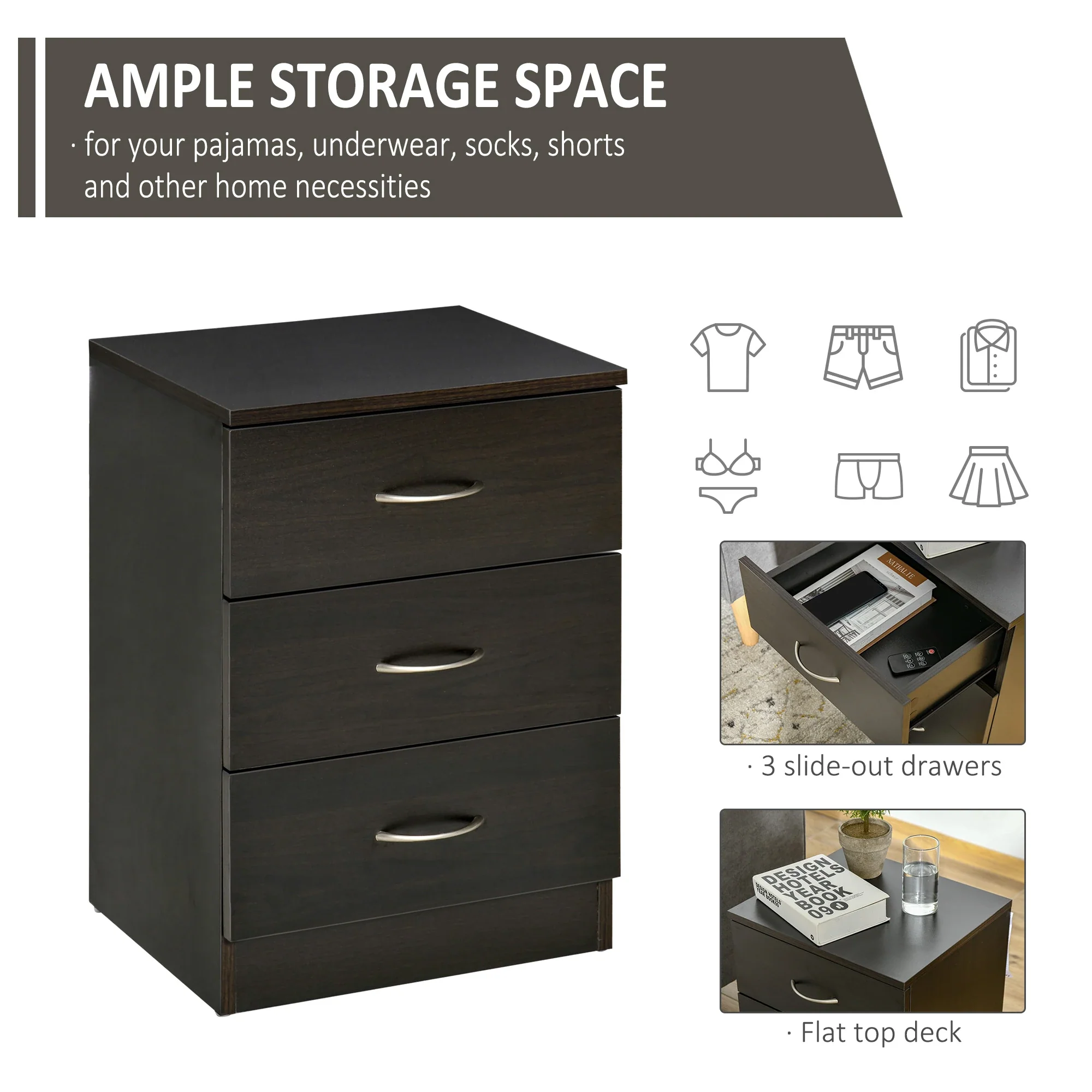 Modern Wood Nightstand, 3 Drawers, Anti-Tipping Design, Set of 2, Dark Brown - Image 4