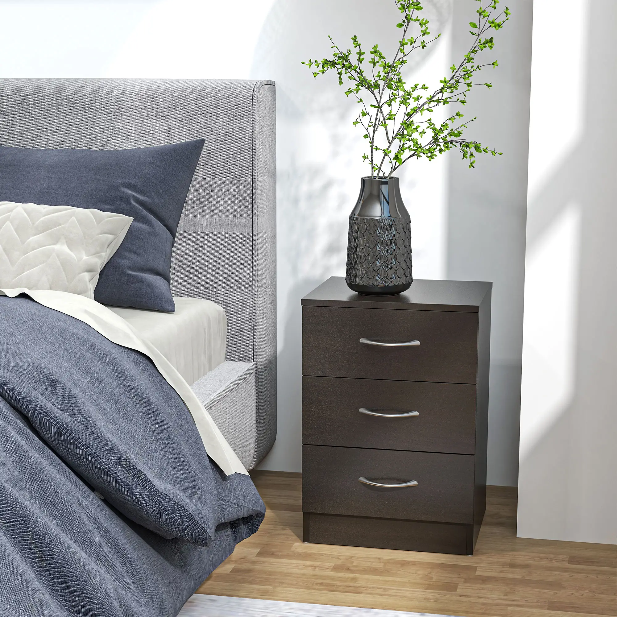 Modern Wood Nightstand, 3 Drawers, Anti-Tipping Design, Set of 2, Dark Brown - Image 7