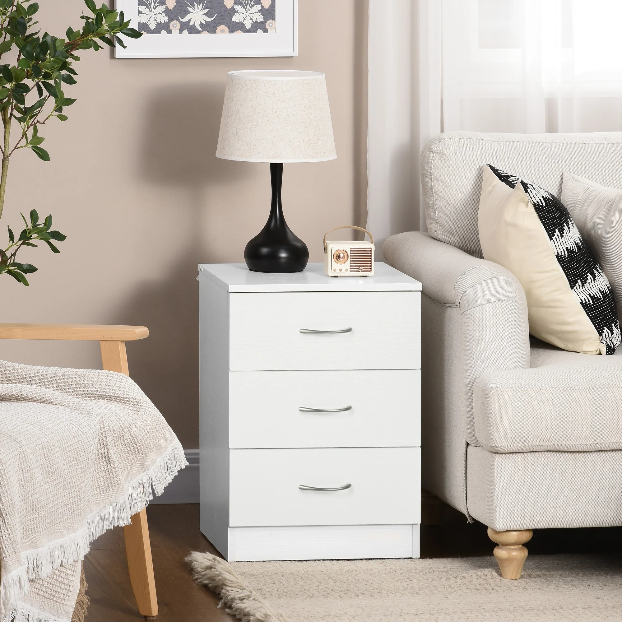 Modern Wood Nightstand, 3 Drawers, Anti-Tipping, Set of 2, White - Image 2