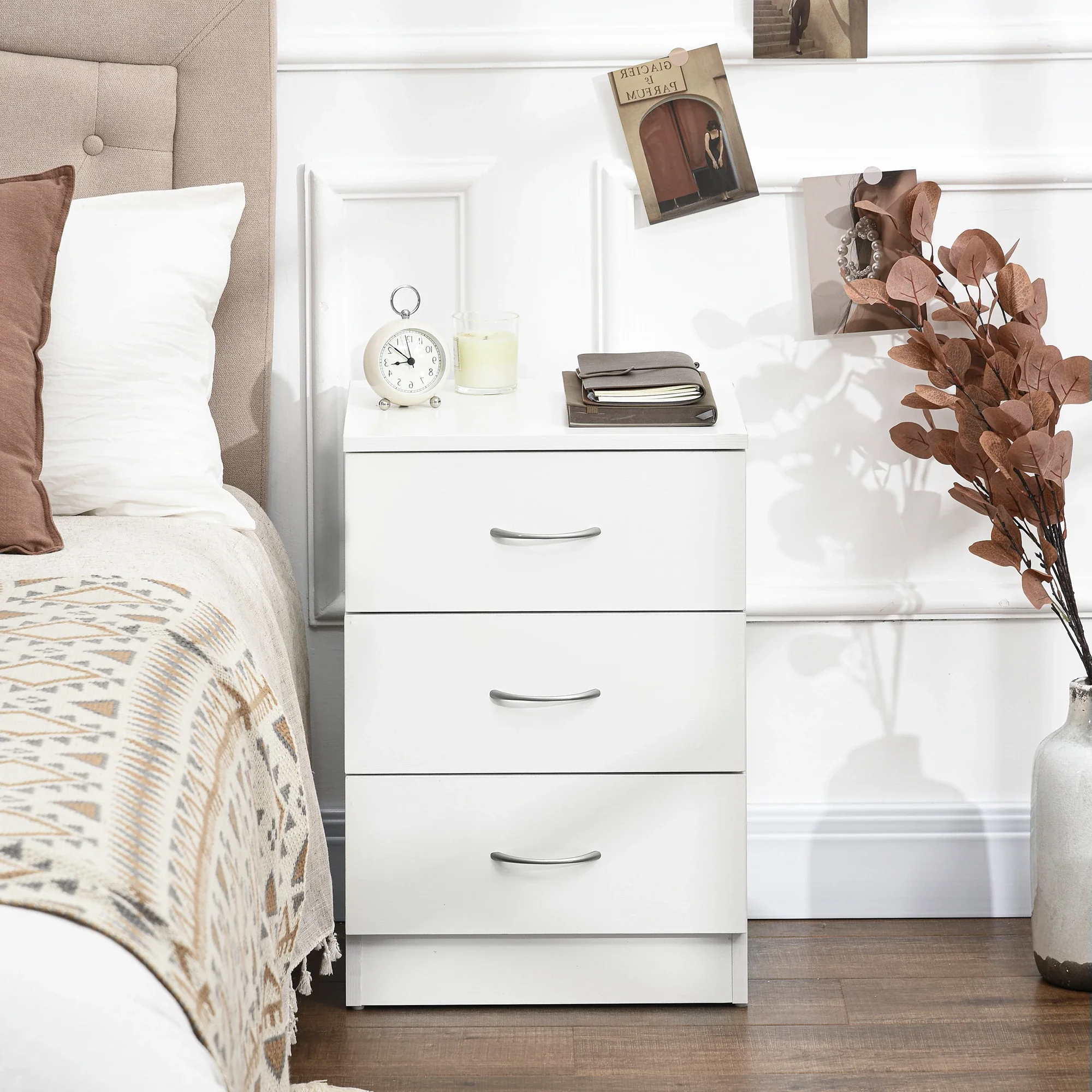 Modern Wood Nightstand, 3 Drawers, Anti-Tipping, Set of 2, White - Image 7