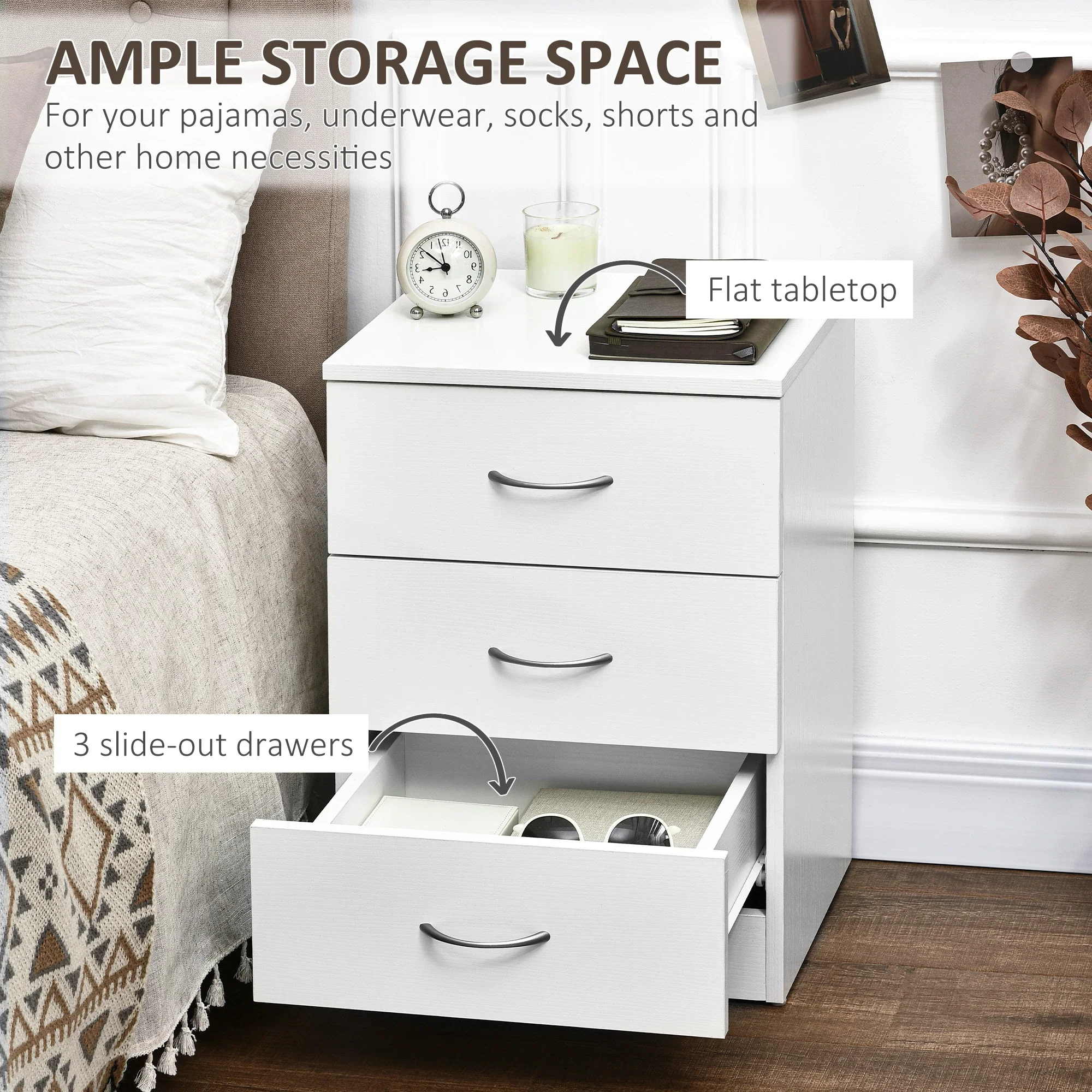 Modern Wood Nightstand, 3 Drawers, Anti-Tipping, White - Image 4