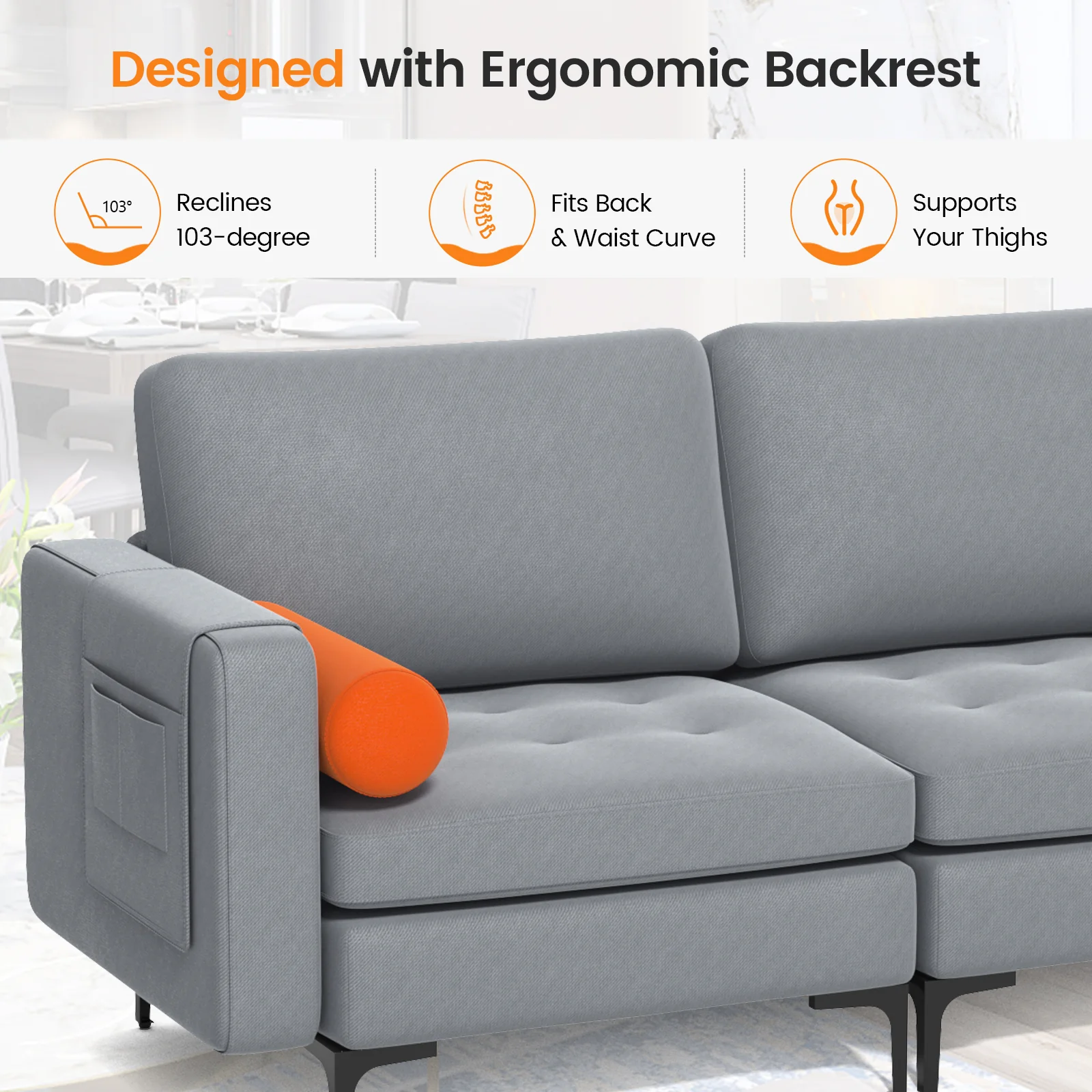 Modular 3-Seat Sofa, USB Ports, Side Storage Pocket, Gray - Image 10