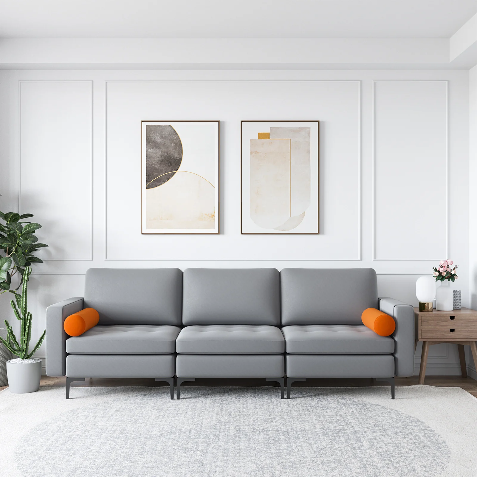 Modular 3-Seat Sofa, USB Ports, Side Storage Pocket, Gray - Image 2